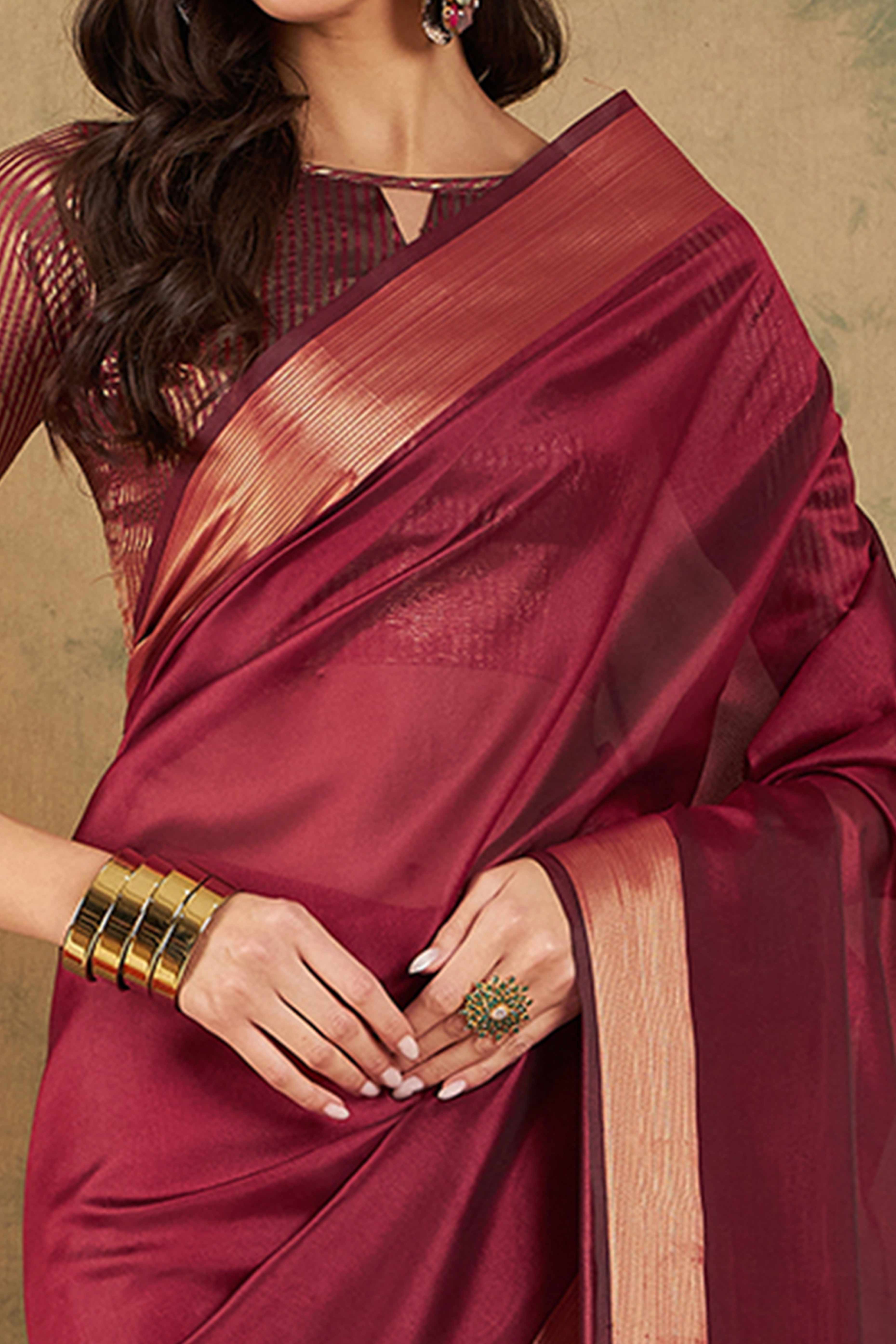 Maroon Organza Saree In Organza With Delicate Weaving Border And Tassel Details