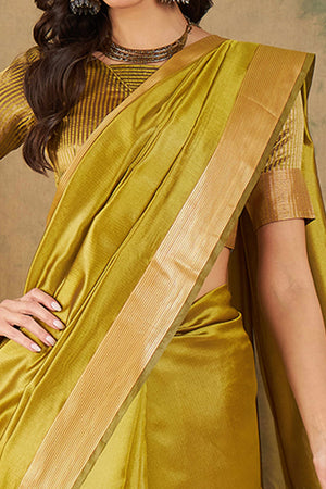 Olive Green Organza Saree In Organza With Delicate Weaving Border And Tassel Details
