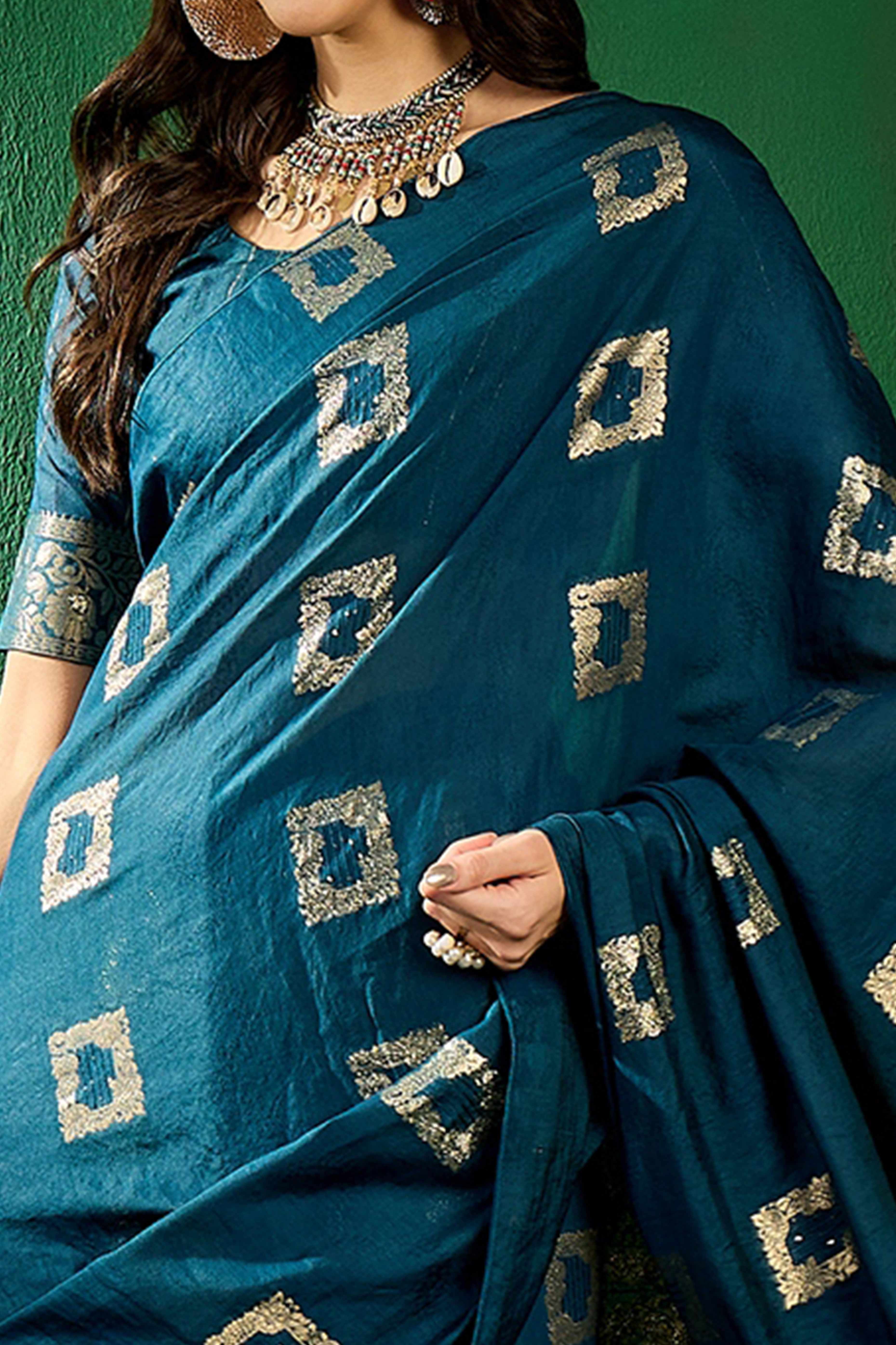 Morpich Blue Woven Staple Cotton Blend Saree With Intricate Floral Motifs & Tassel-Embellished Pallu