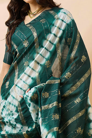 Green Floral Woven Staple Cotton Blend Saree Highlighted With Sequins Embroidery & Tasselled Pallu