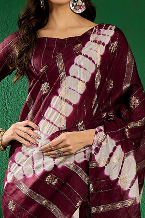 Wine Floral Woven Staple Cotton Blend Saree Highlighted With Sequins Embroidery & Tasselled Pallu