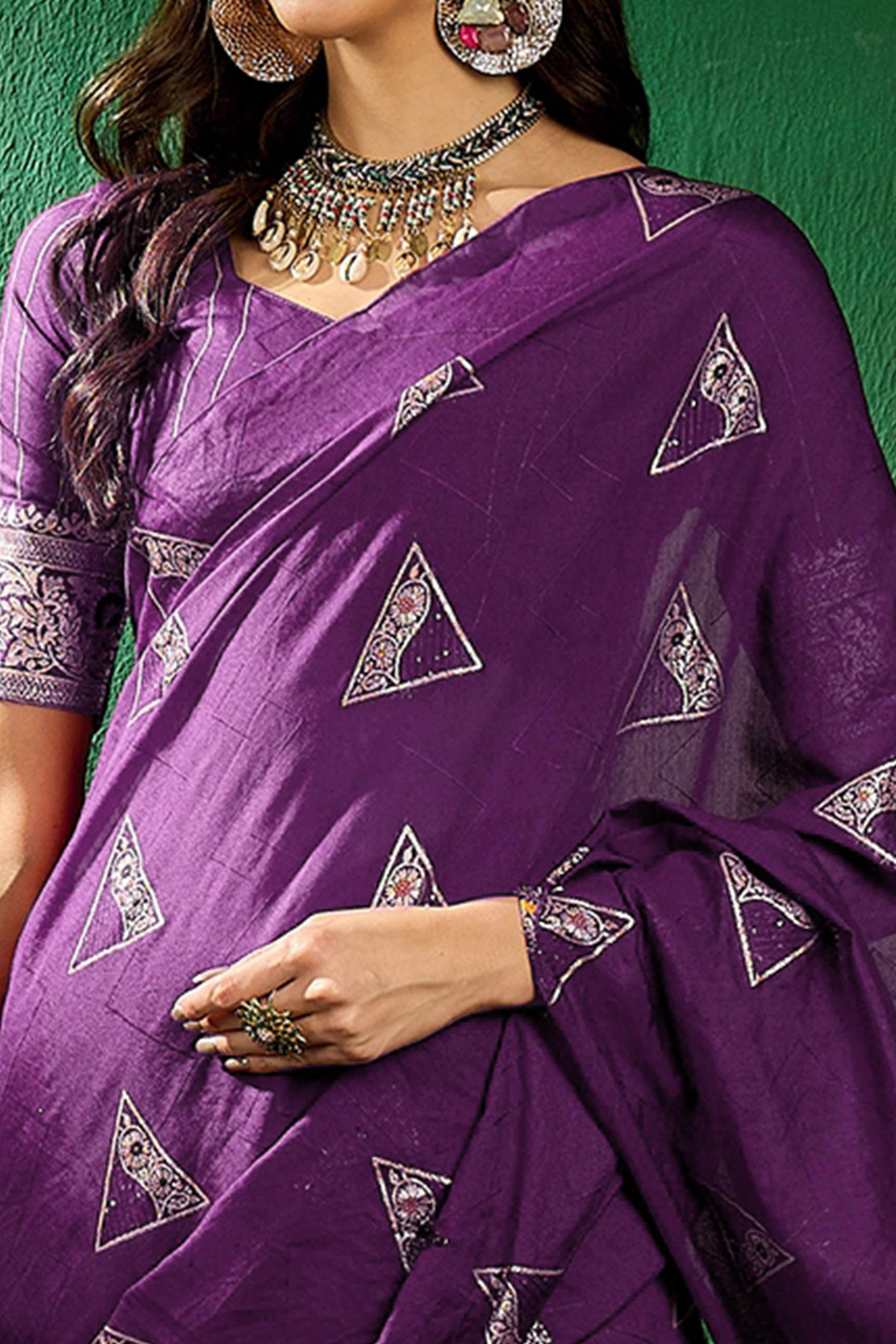 Purple Floral Woven Staple Cotton Blend Saree With Sparkling Sequin Embroidery & Graceful Tassel Pallu