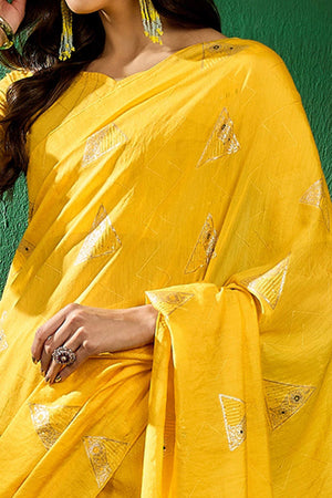 Yellow Floral Woven Staple Cotton Blend Saree With Sparkling Sequin Embroidery & Graceful Tassel Pallu