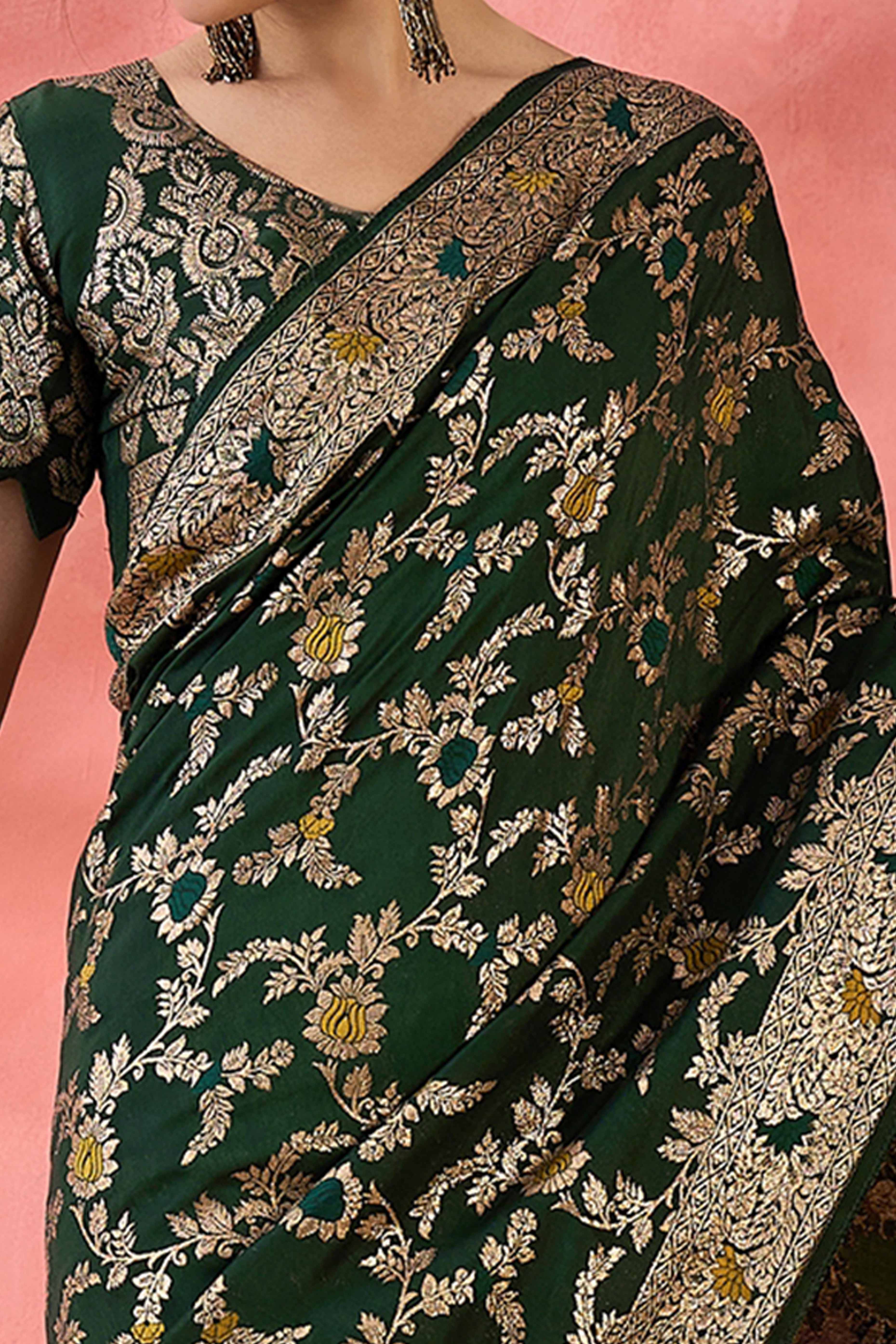 Green Cotton Meena Jacquard Saree Featuring Intricate Floral Weaving & Tassels On The Pallu