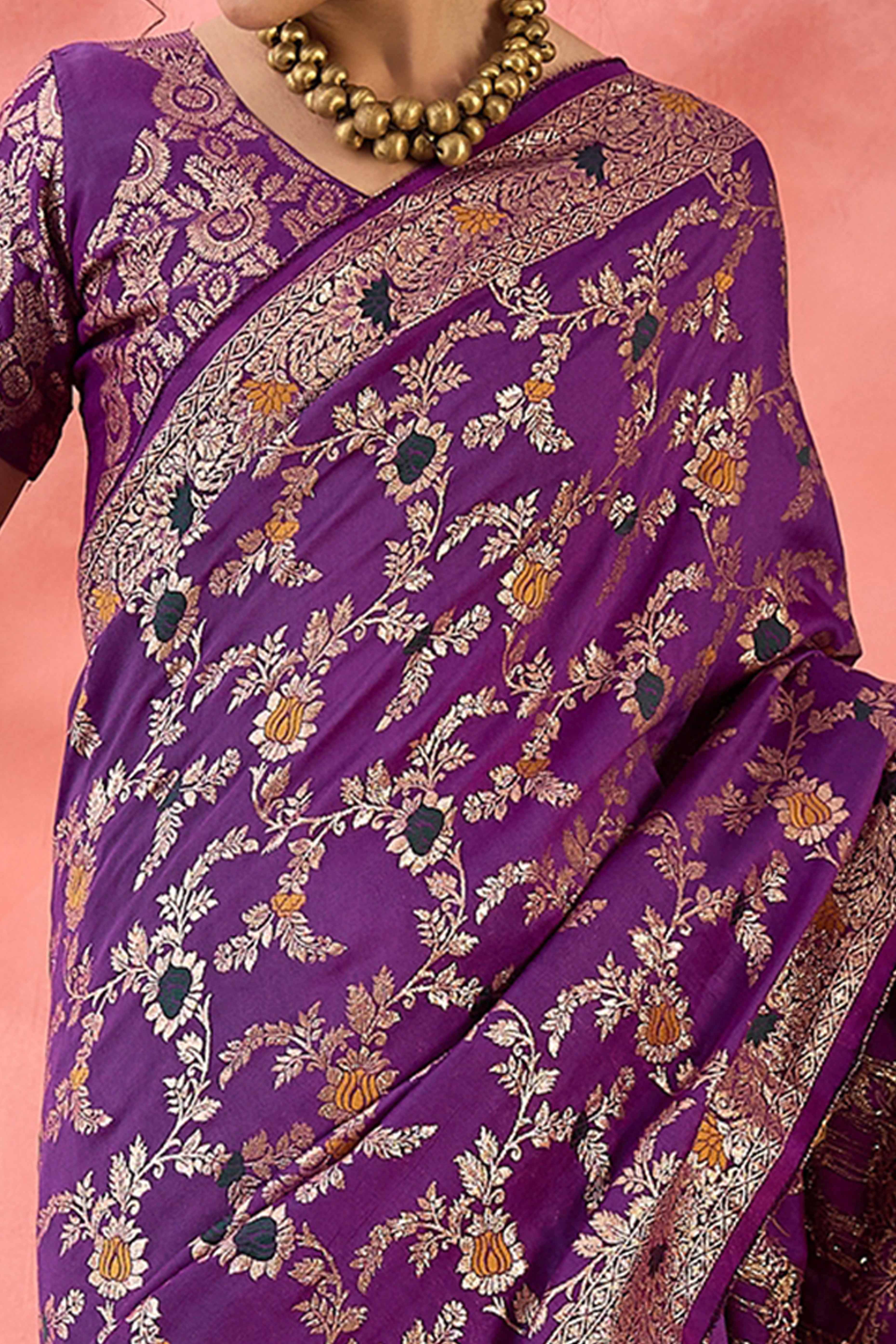 Purple Cotton Meena jacquard Saree Featuring Intricate Floral Weaving & Tassels On The Pallu