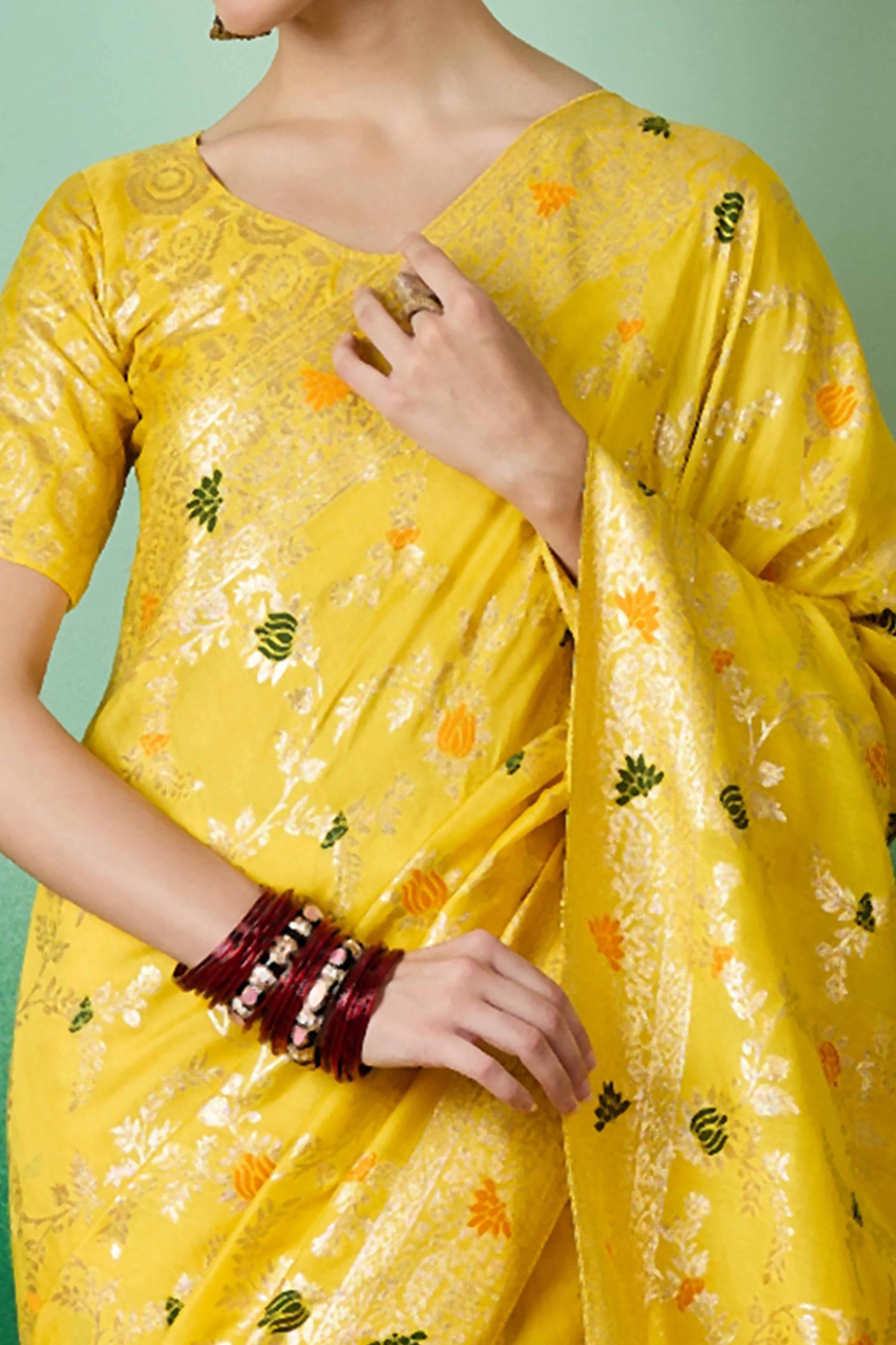 Yellow Cotton Meena jacquard Saree Featuring Intricate Floral Weaving & Tassels On The Pallu