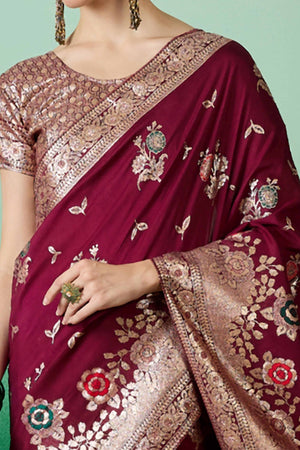 Burgundy Cotton Blend Saree Embellished With Floral Zari Weaving & Tasselled Pallu