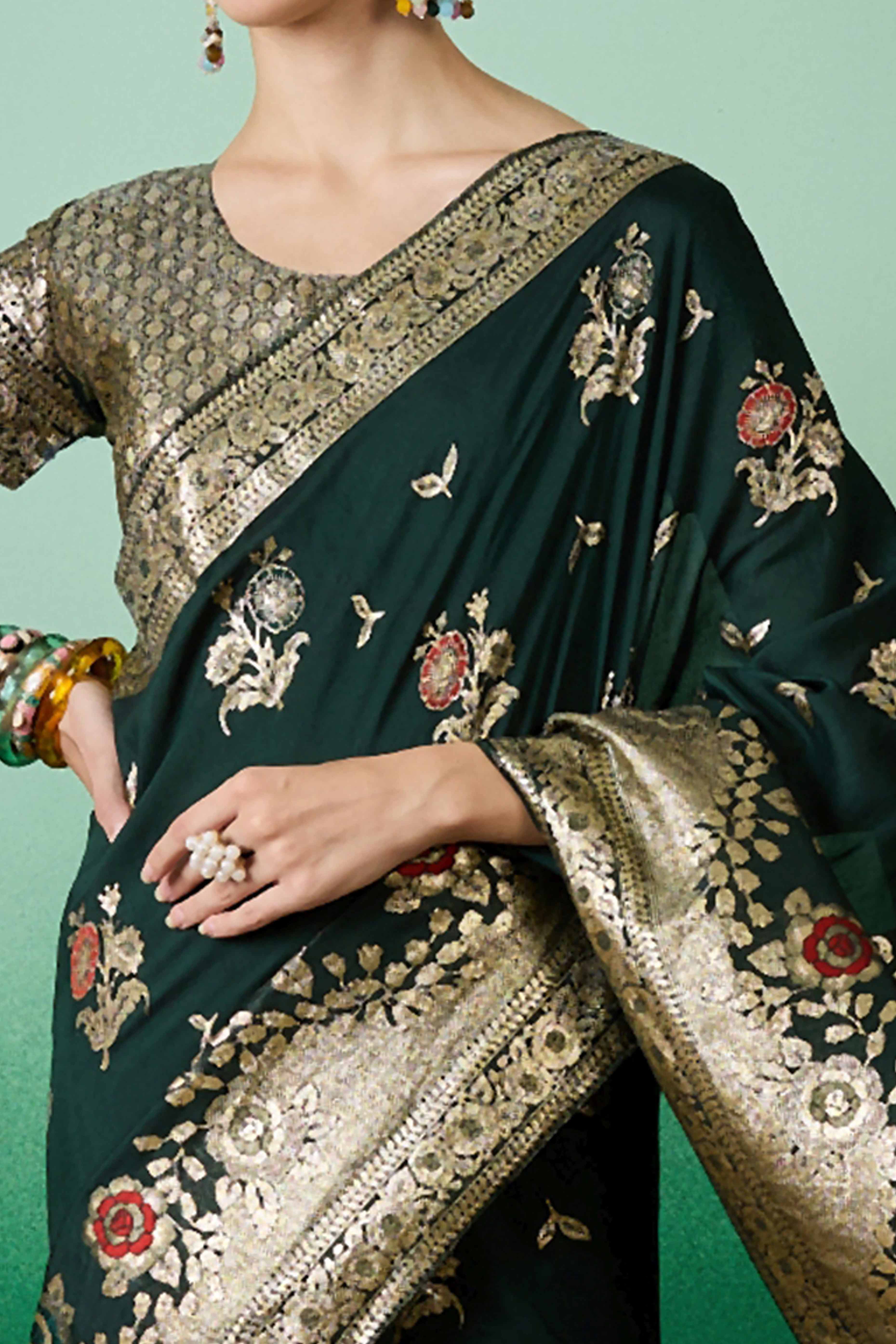 Green Cotton Blend Saree Embellished With Floral Zari Weaving & Tasselled Pallu