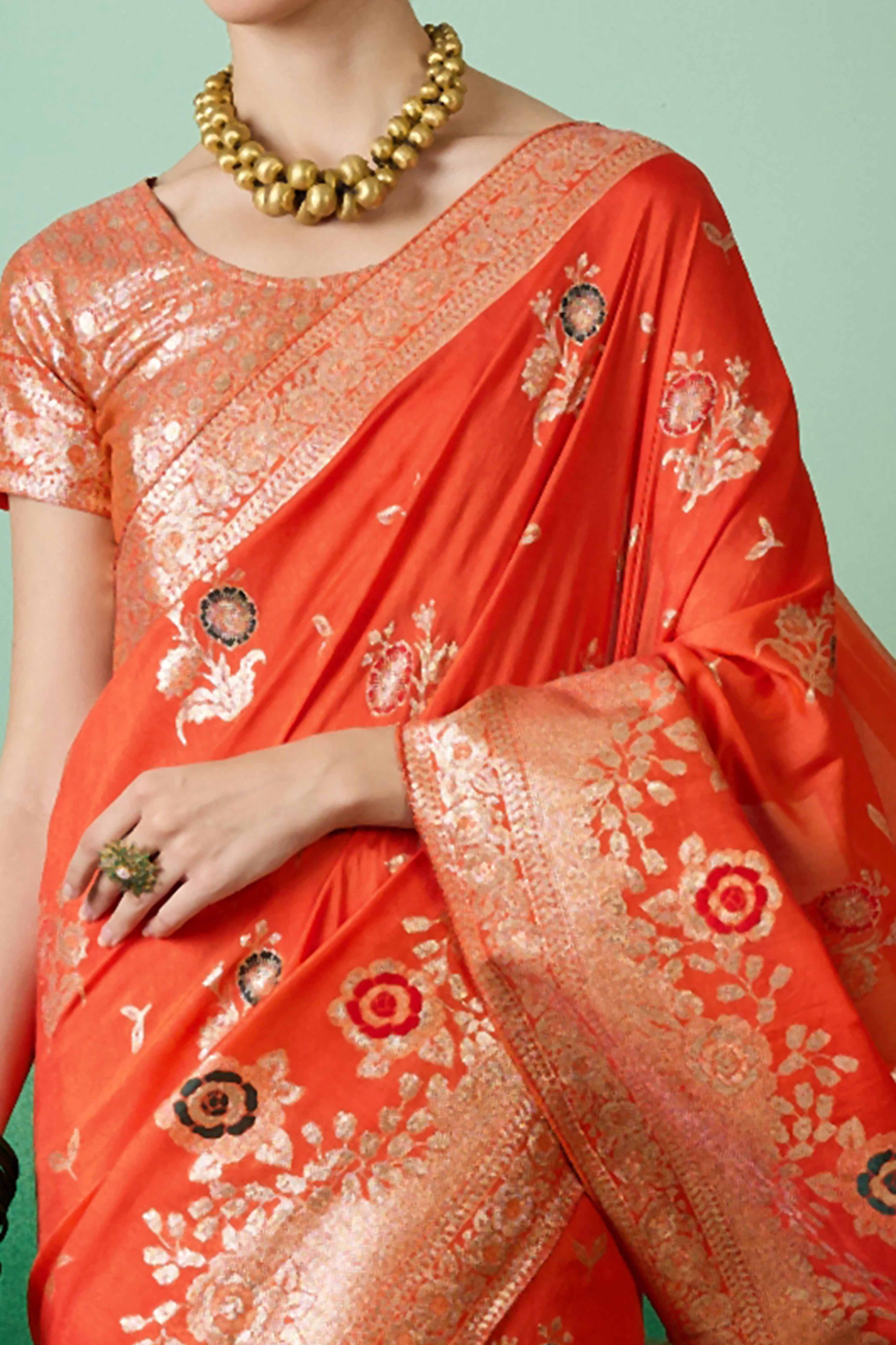 Orange Cotton Blend Saree Embellished With Floral Zari Weaving & Tasselled Pallu