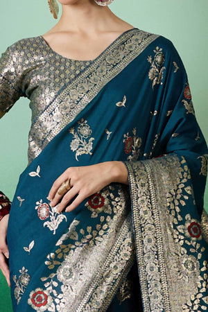 Teal Cotton Blend Saree Embellished With Floral Zari Weaving & Tasselled Pallu