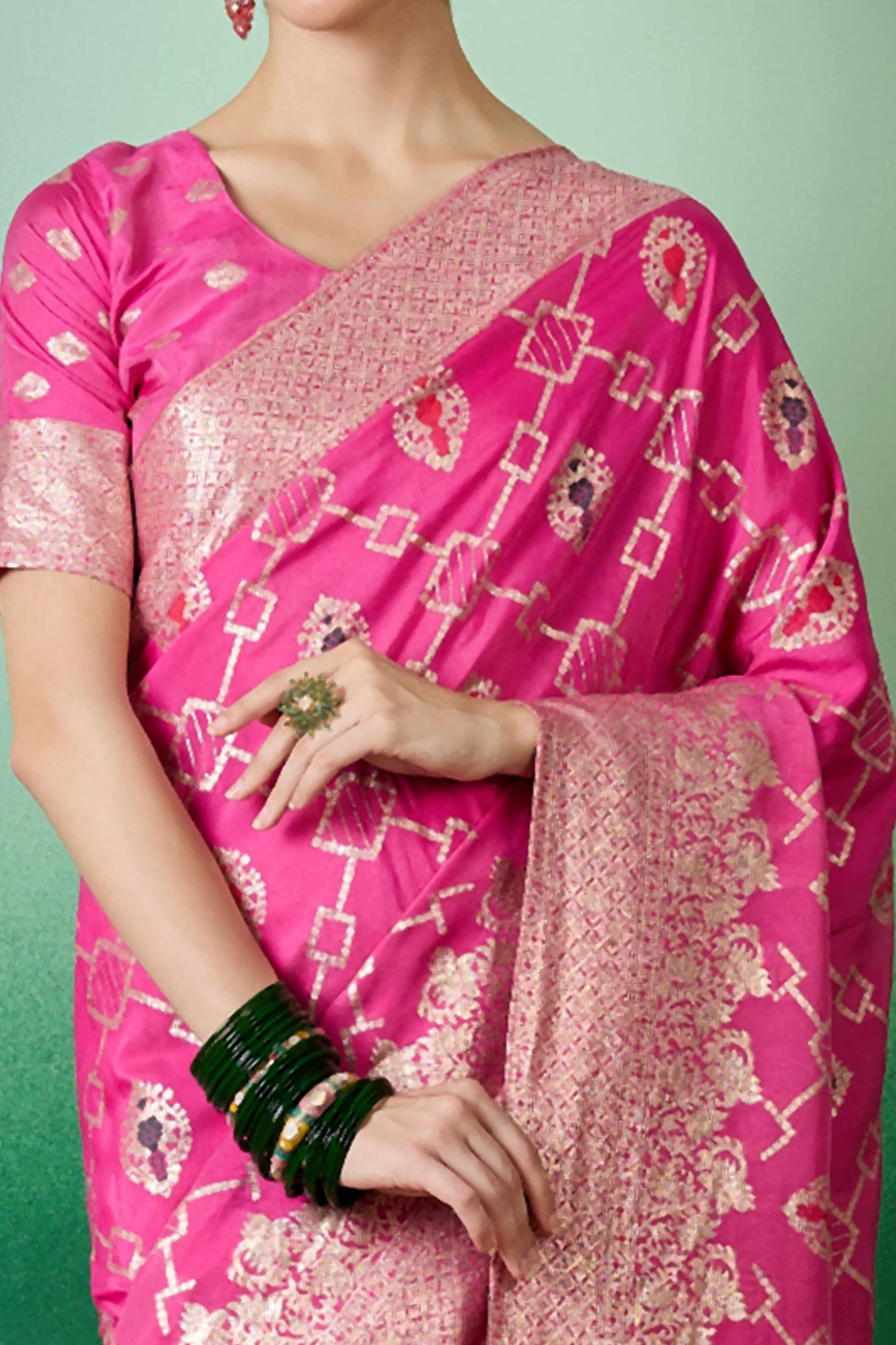 Pink Zari Woven Staple Cotton Blend Saree With Floral Motifs & Tassel Detailed Pallu