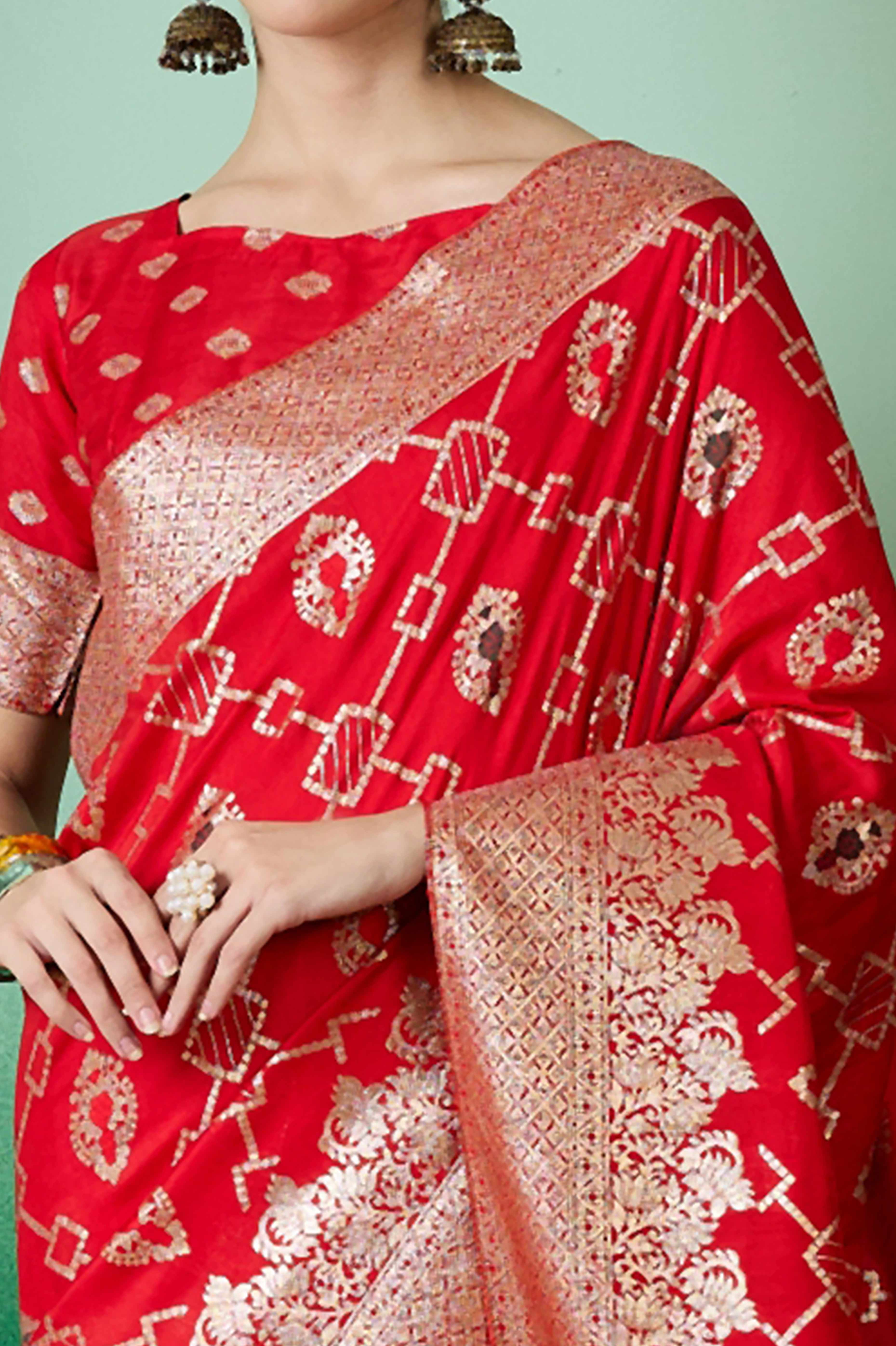 Red Zari Woven Staple Cotton Blend Saree With Floral Motifs & Tassel Detailed Pallu