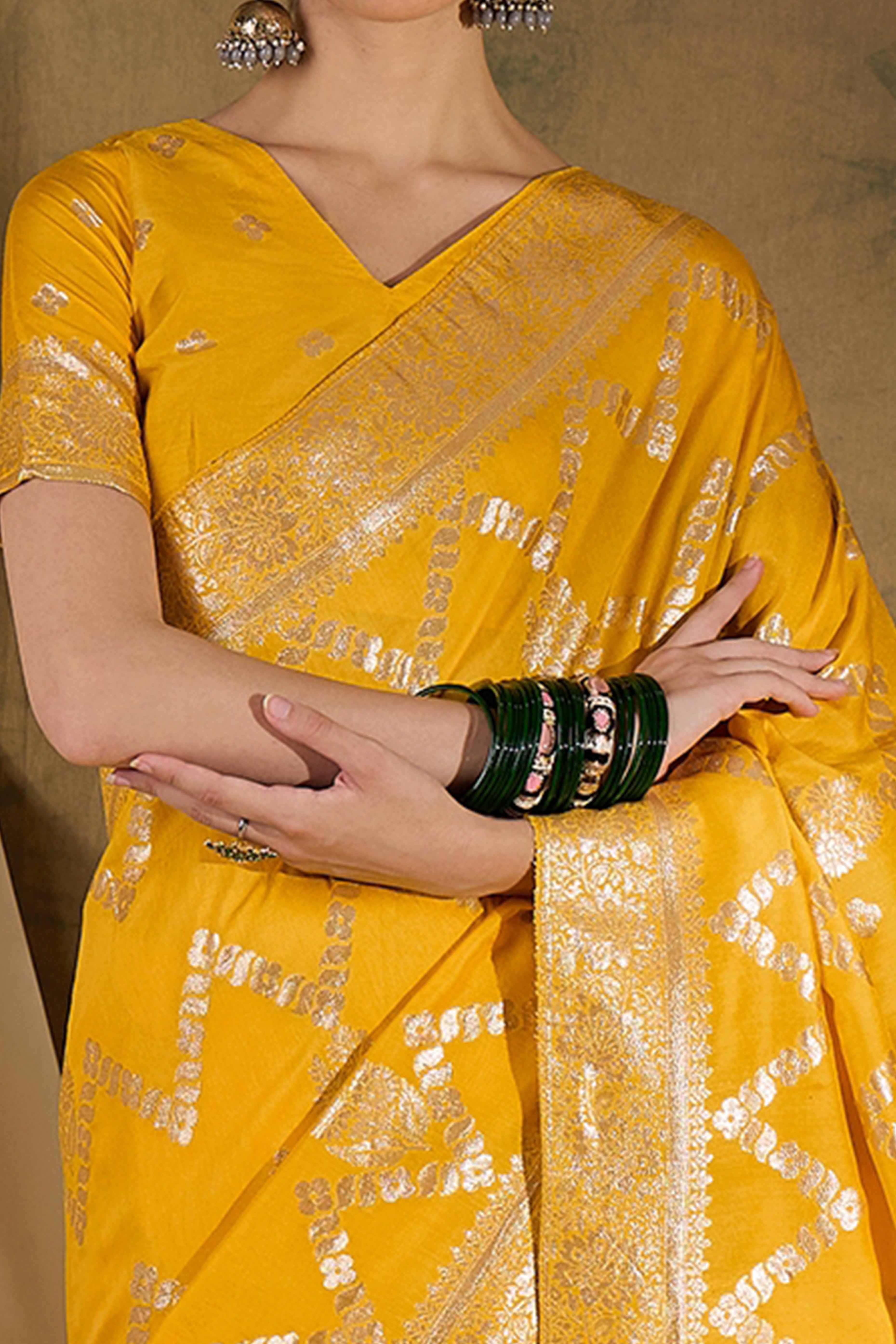 Mustard Cotton Blend Jacquard Saree Adorned With Floral Weaving & Graceful Tassel Pallu