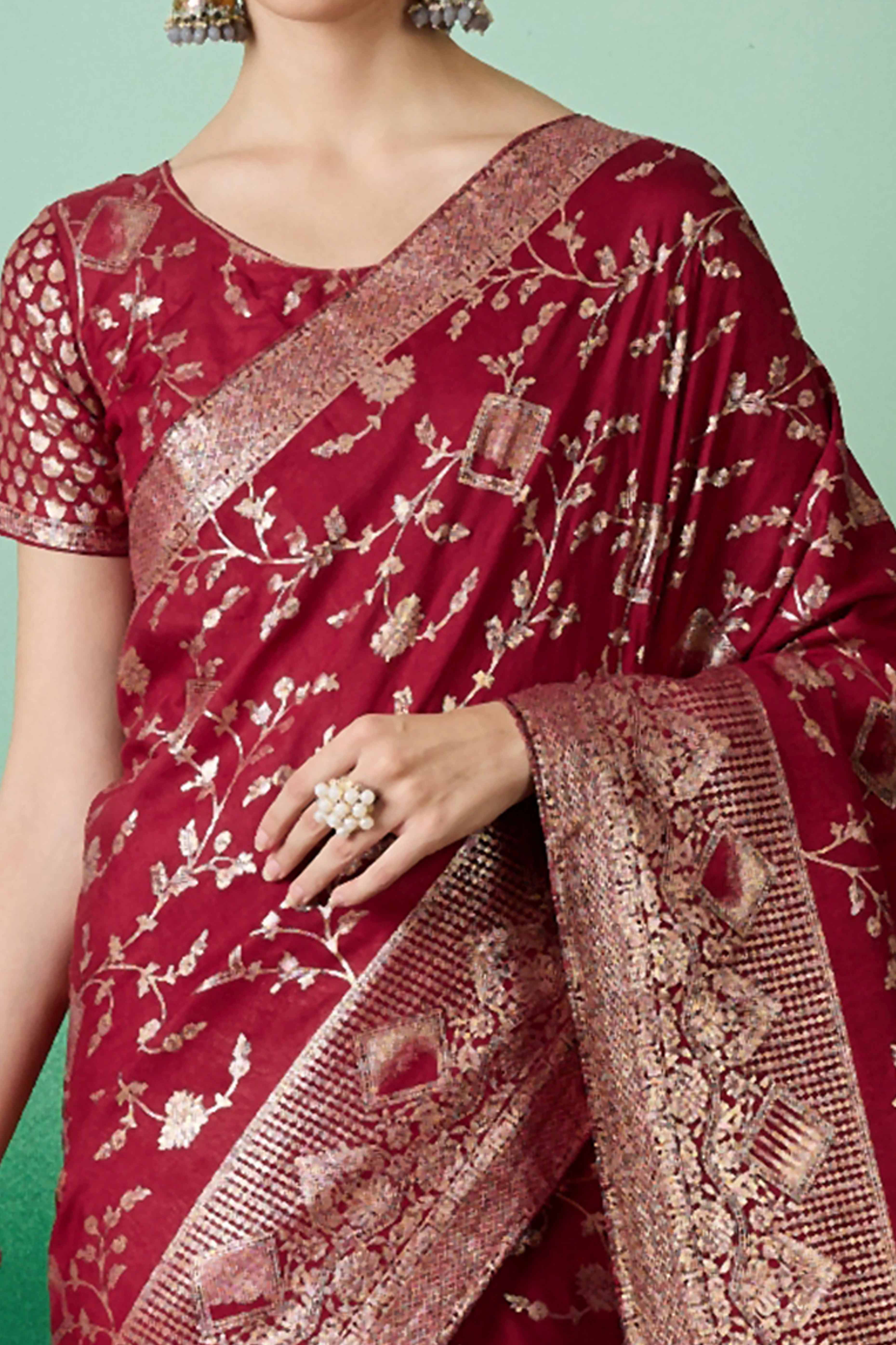 Maroon Cotton Blend Saree With Intricate Floral Zari Weaving & Soft Tassel