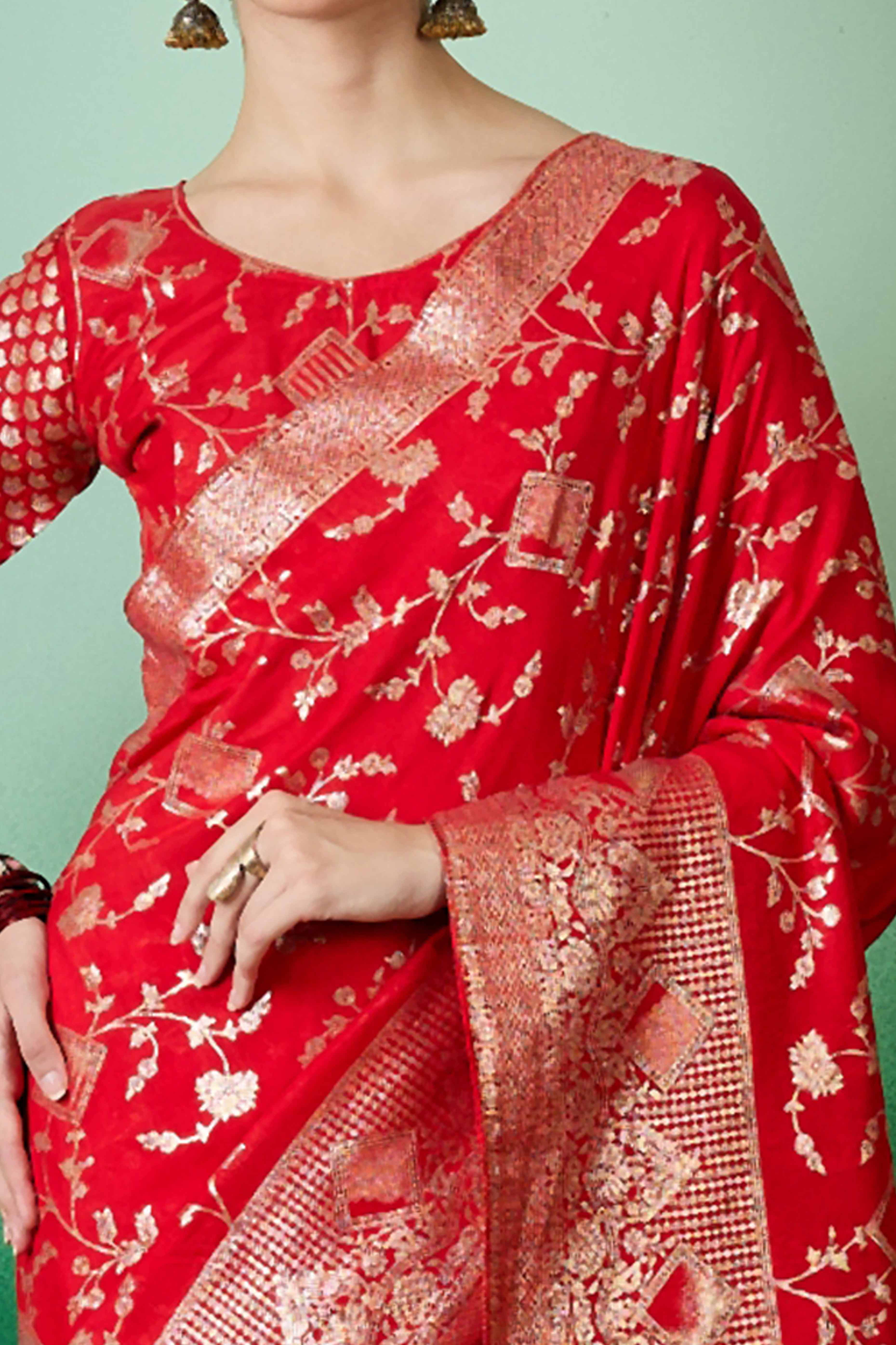 Red Cotton Blend Saree With Intricate Floral Zari Weaving & Soft Tassel