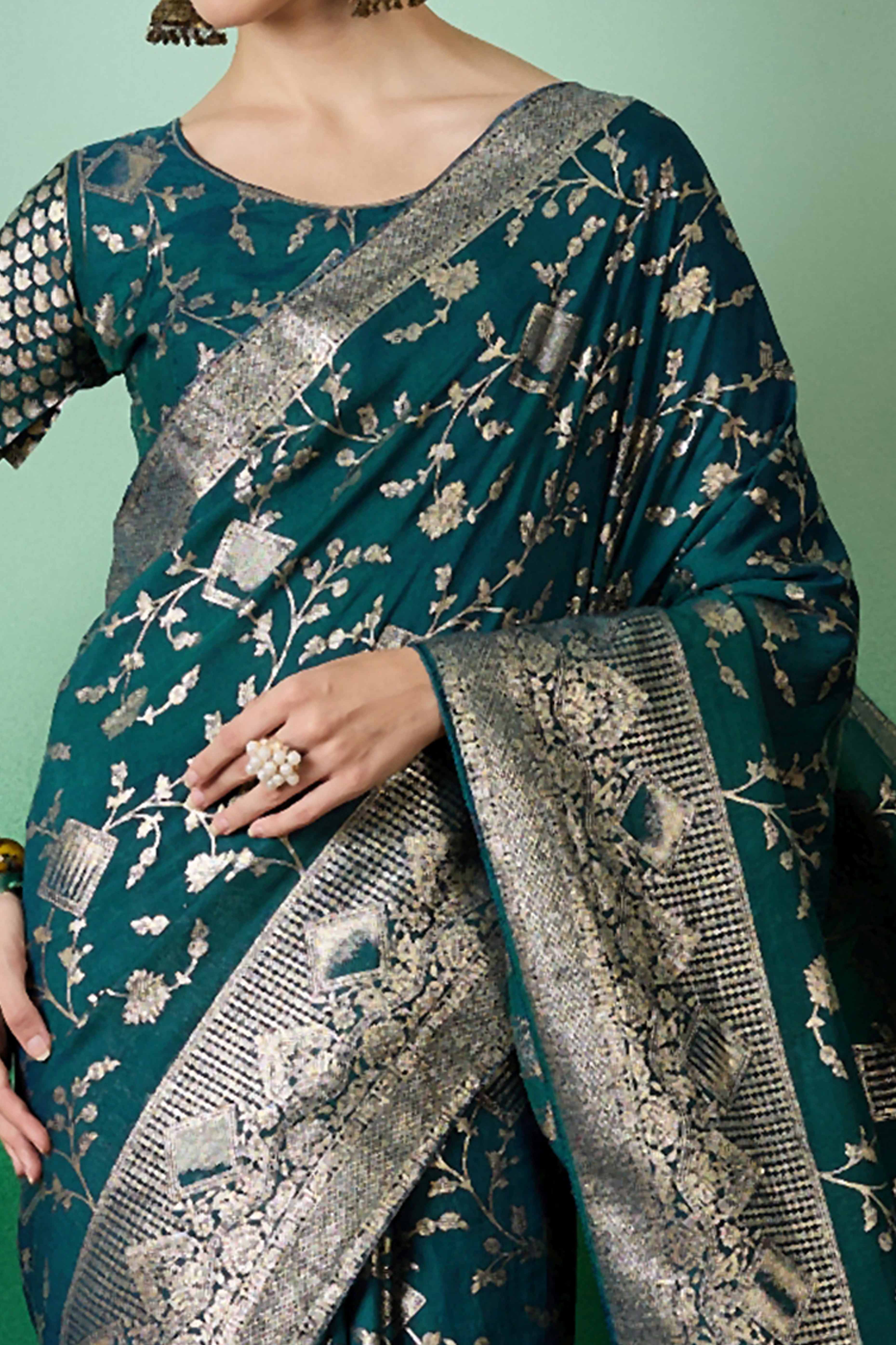Deep Teal Green Cotton Blend Saree With Intricate Floral Zari Weaving & Soft Tassel