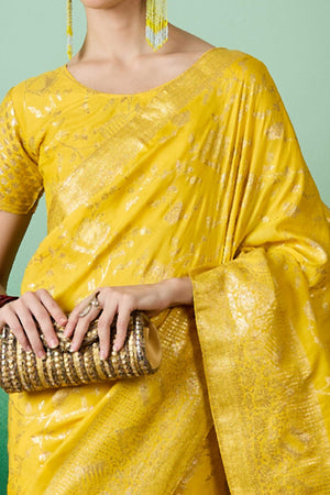 Yellow Cotton Blend Saree With Intricate Floral Zari Weaving & Soft Tassel