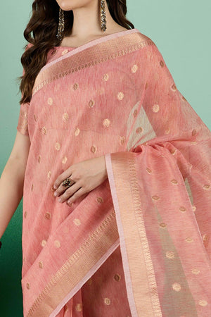 Peach Khadi Organza Saree Embellished With Traditional Zari Work & Tassels