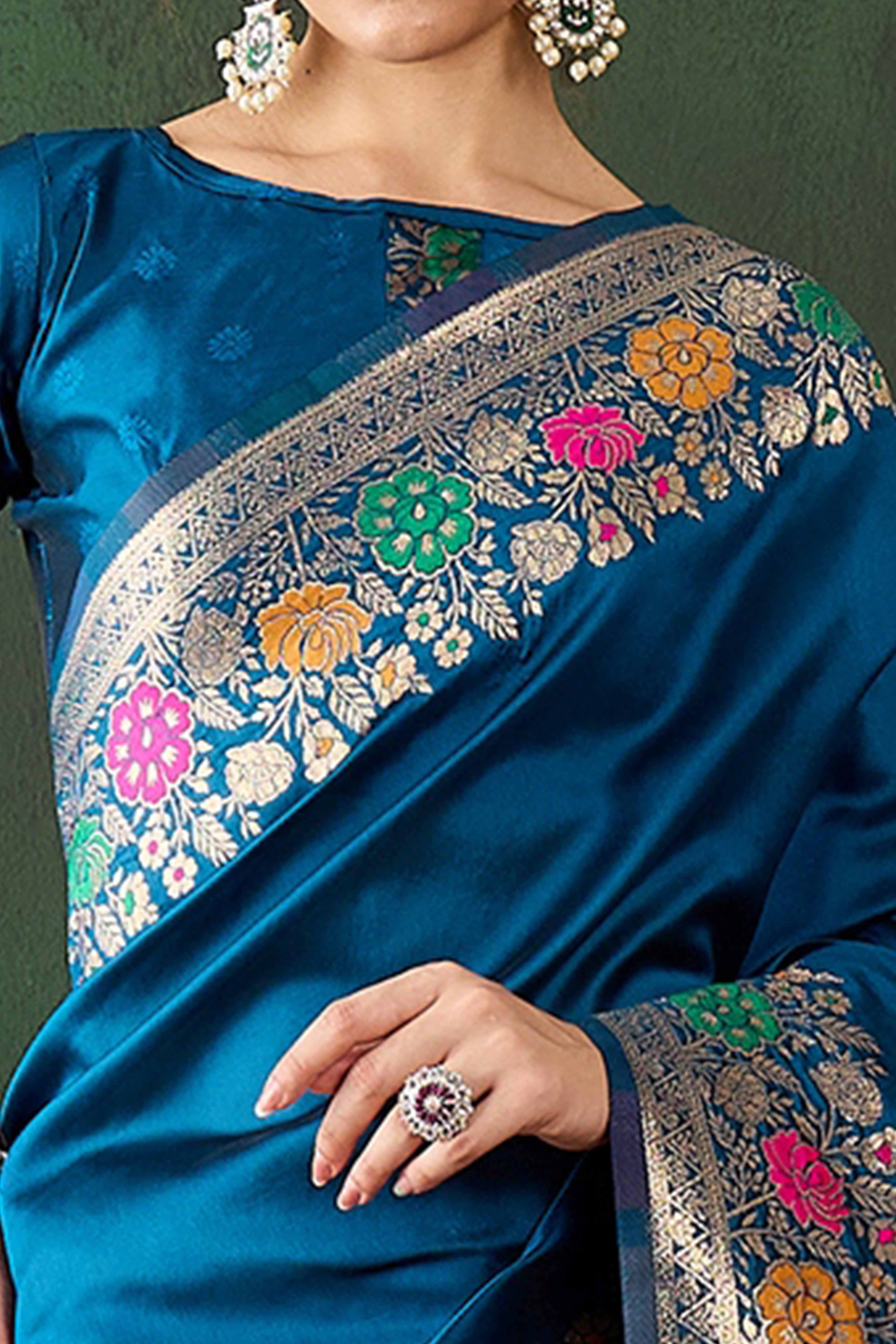 Blue Saree In Poly Silk Blend Featuring Floral Zari Weaving & Tassel Accents