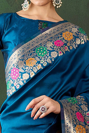 Blue Saree In Poly Silk Blend Featuring Floral Zari Weaving & Tassel Accents