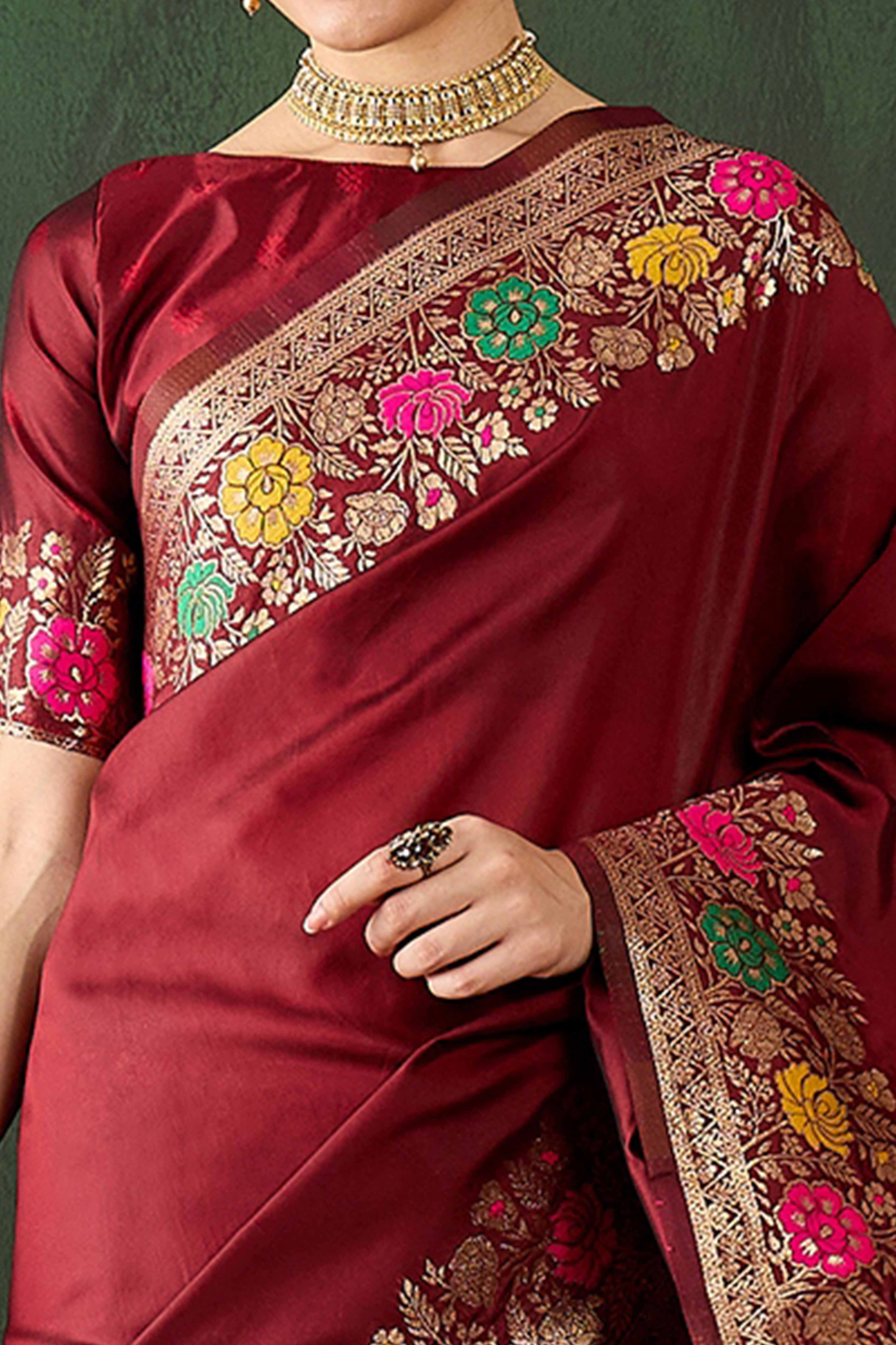Maroon Saree In Poly Silk Blend Featuring Floral Zari Weaving & Tassel Accents