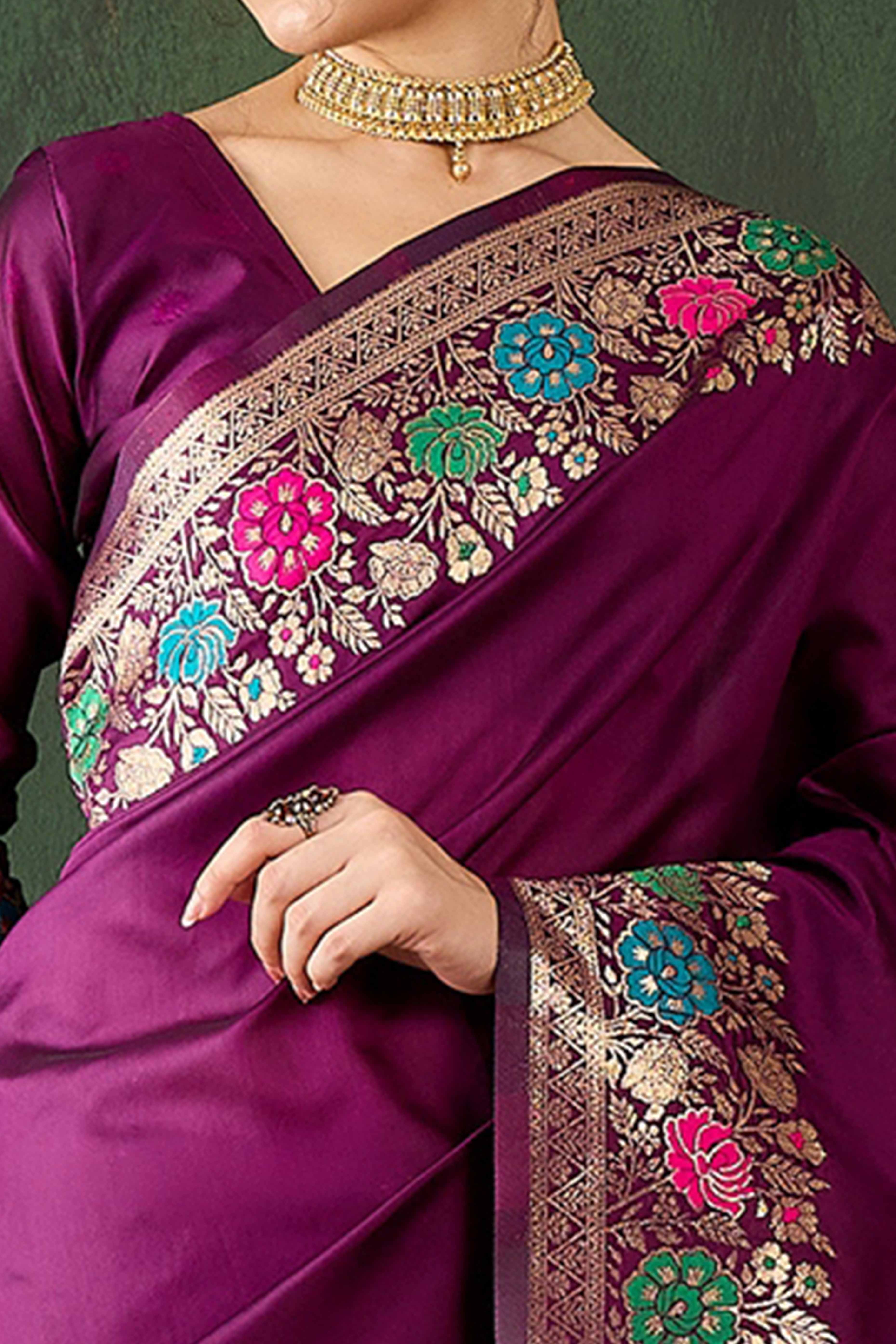 Purple Saree In Poly Silk Blend Featuring Floral Zari Weaving & Tassel Accents