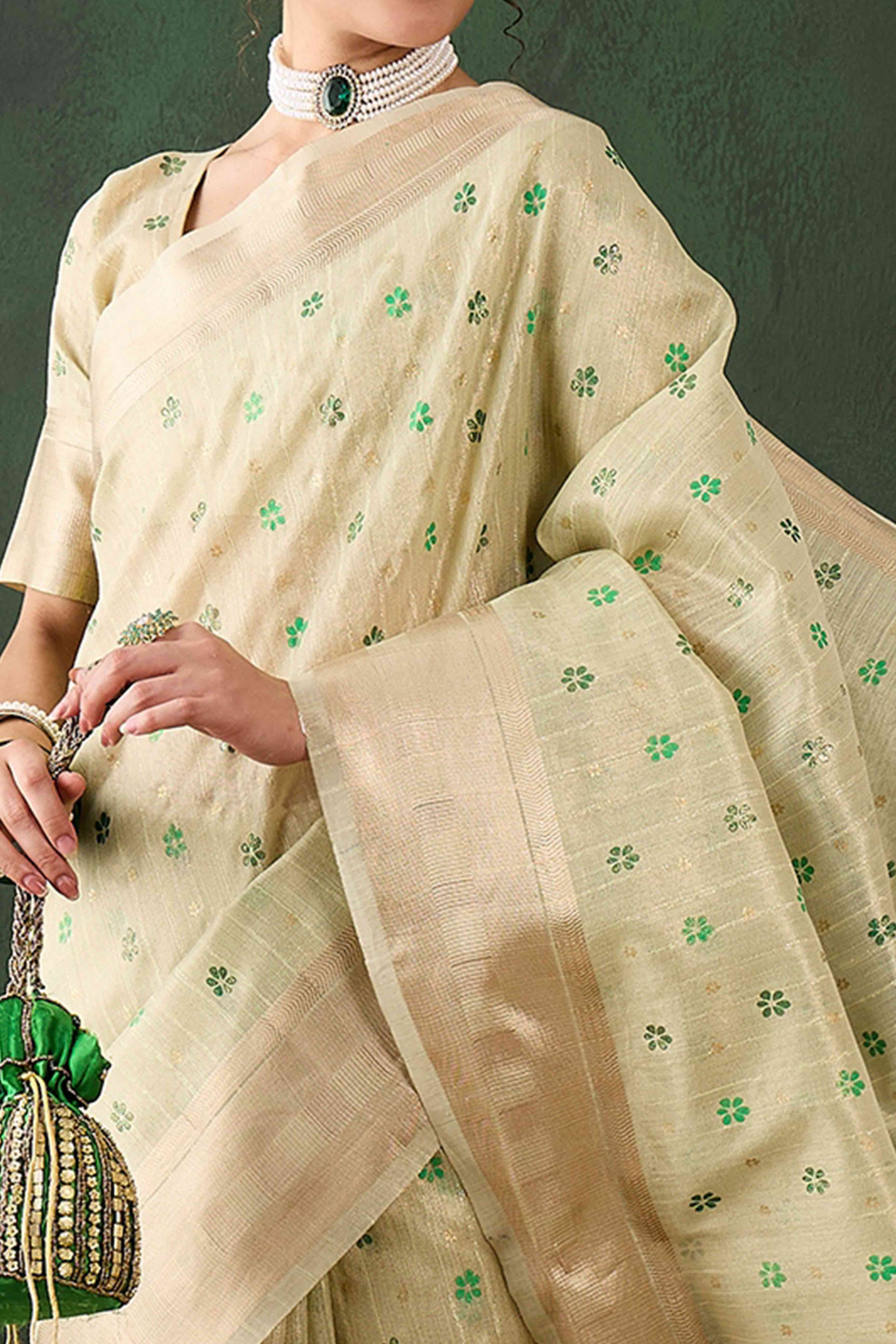 Green Saree In Khadi Organza Featuring Floral Prints & Intricate Weaving
