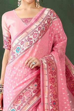 Pink Floral Zari Weaving On Orange Poly Cotton Saree With Tasselled Borders