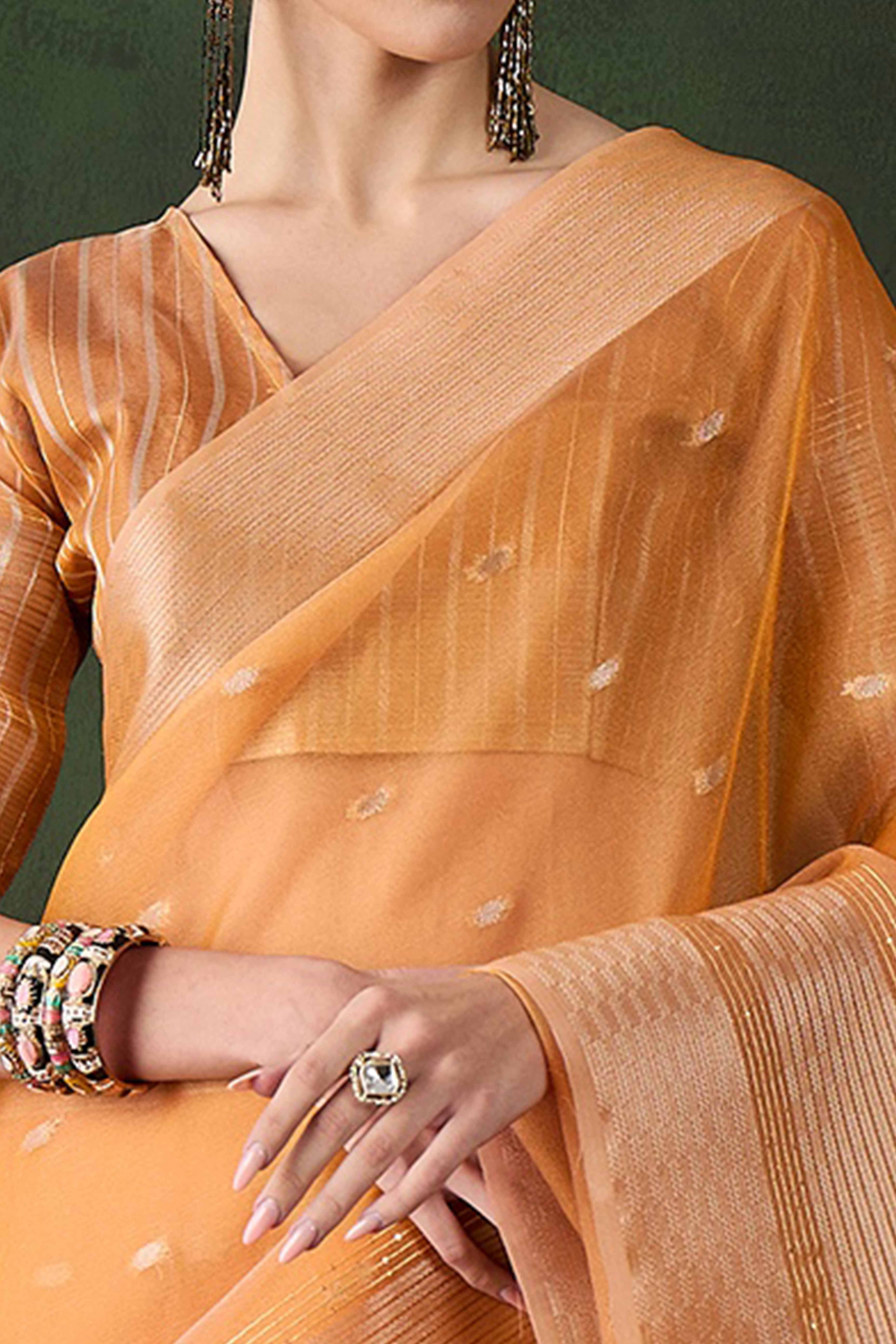 Orange Woven Khadi Organza Saree Embellished With Shimmering Sequins Work