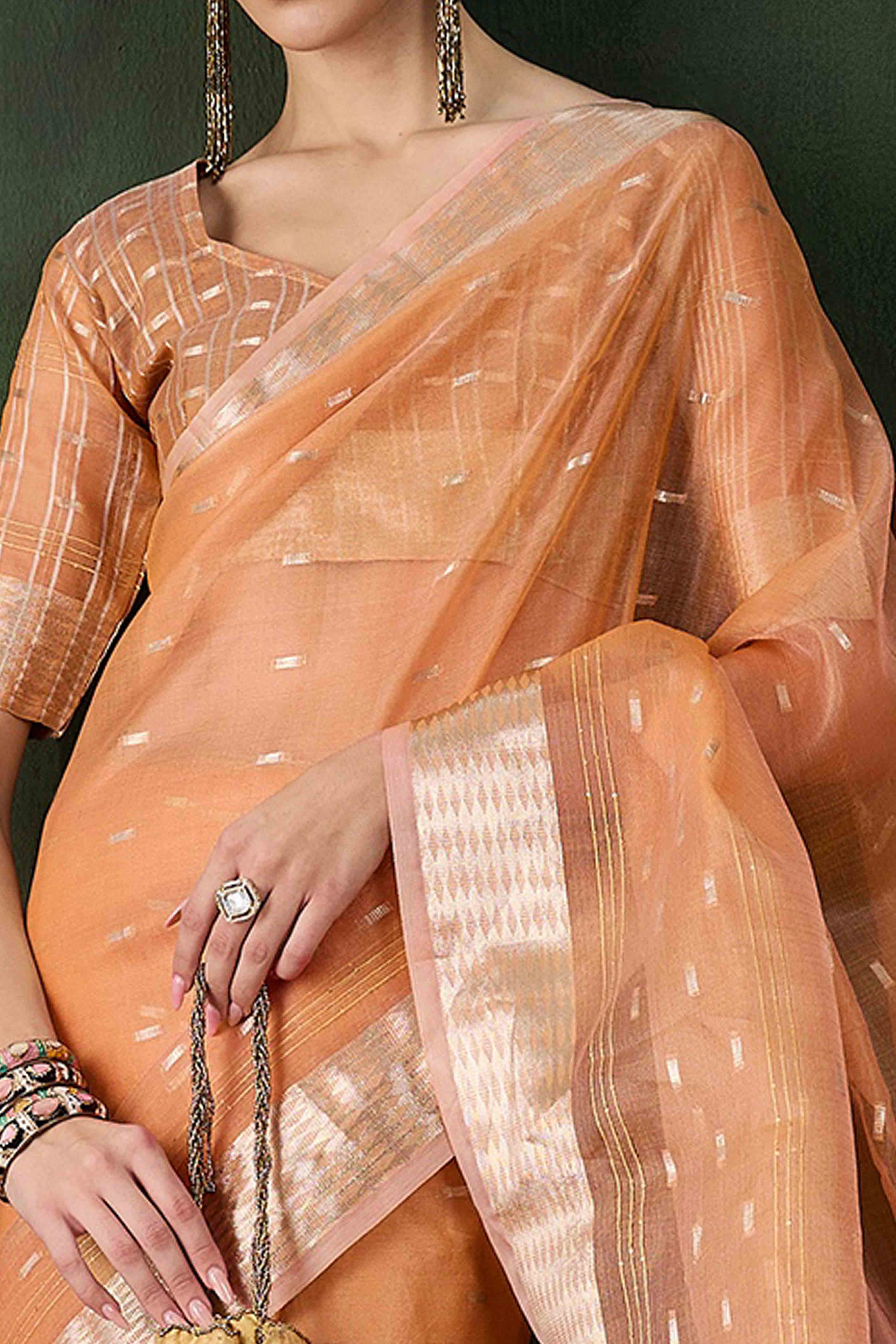 Orange Saree With Fine Zari Weaving on Khadi Organza and Tassel Detailing Pallu