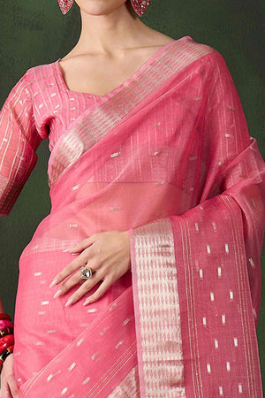 Pink Saree With Fine Zari Weaving on Khadi Organza and Tassel Detailing Pallu