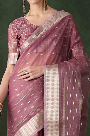 Wine Saree With Fine Zari Weaving on Khadi Organza and Tassel Detailing Pallu