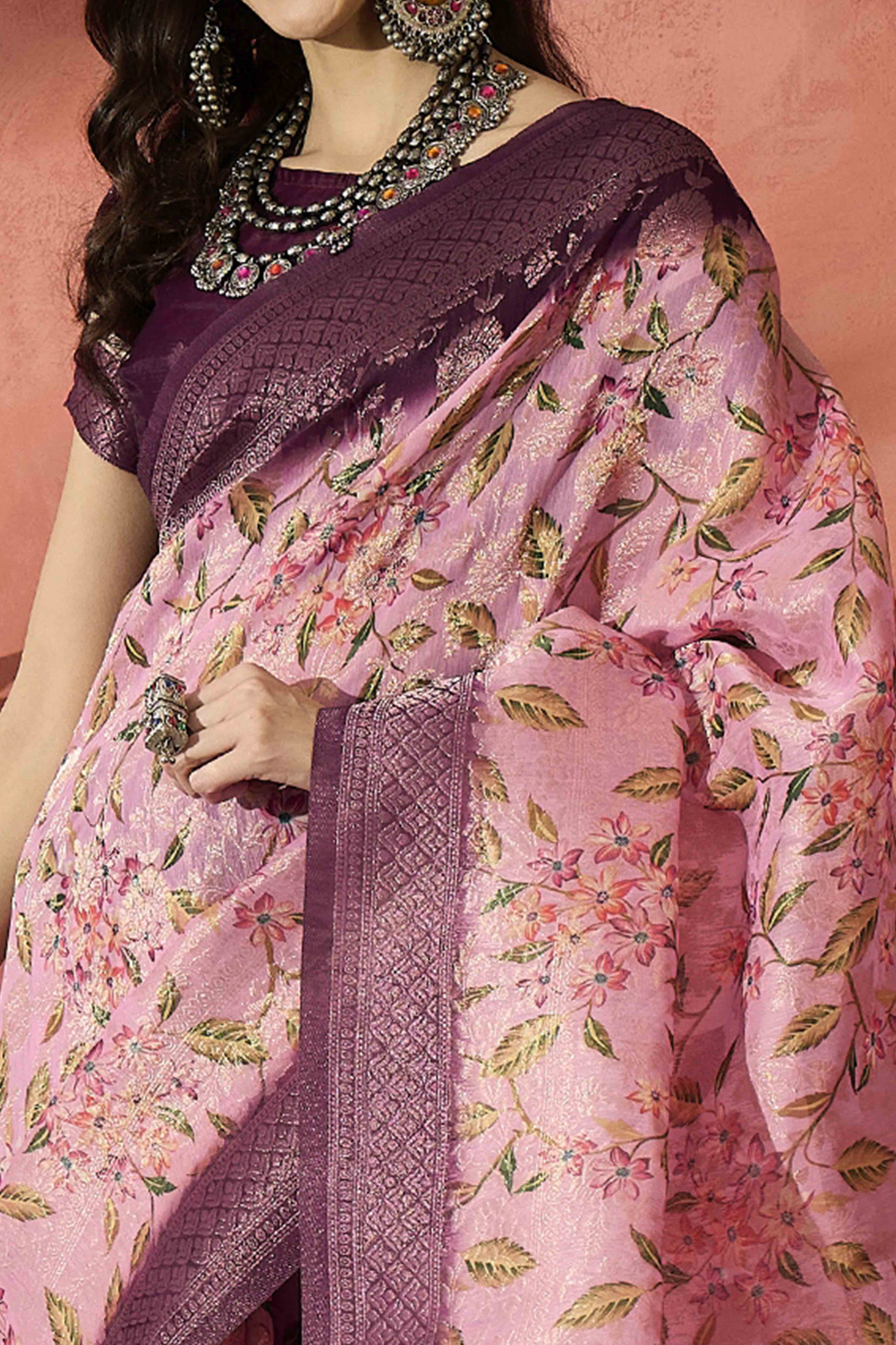 Pastel Pink Saree In Poly Cotton Featuring Intricate Floral Zari Weaving & Tassel Accents