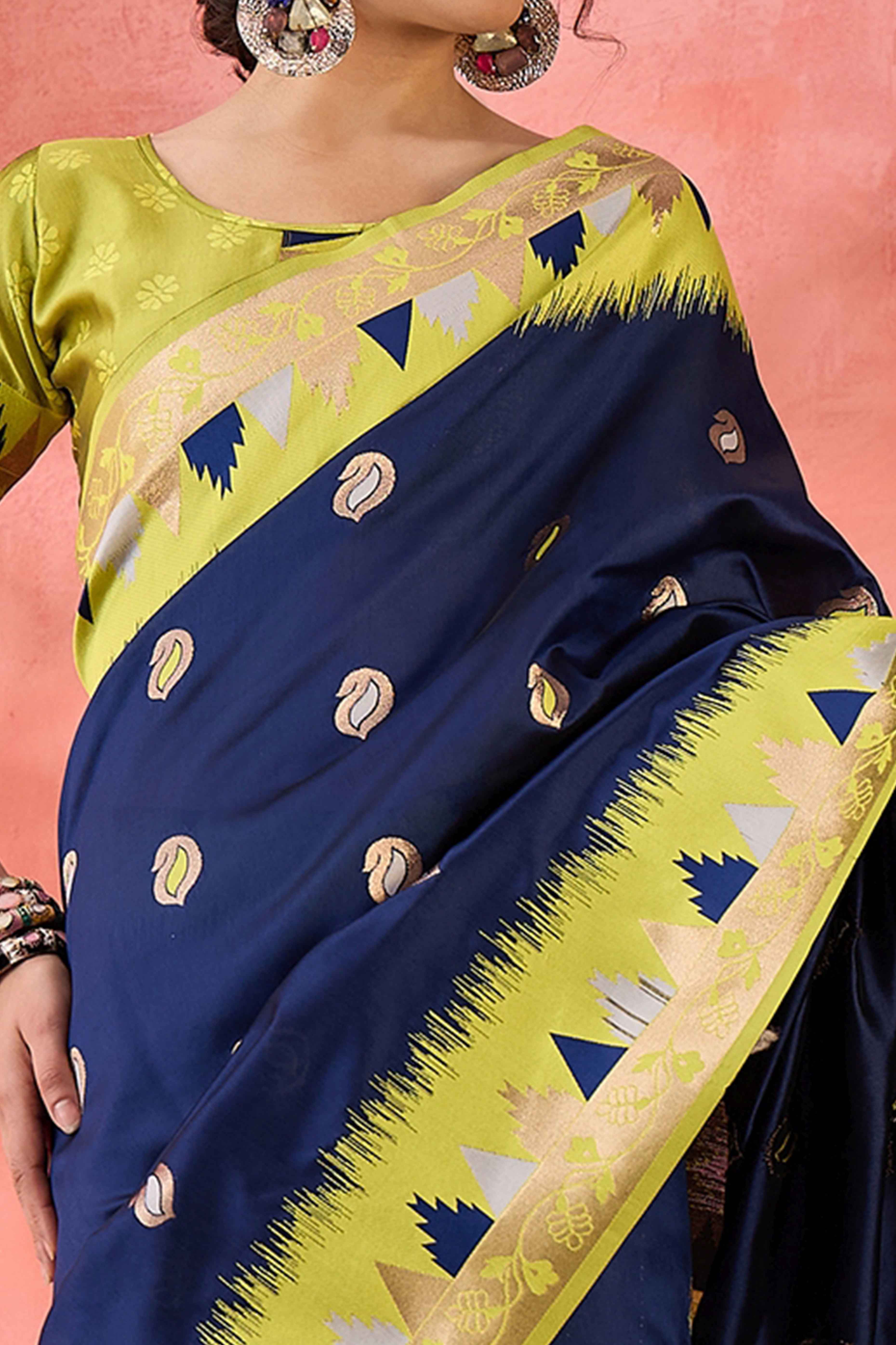 Navy Blue Zari Woven Poly Silk Saree Enhanced With Graceful Tassel Detailing