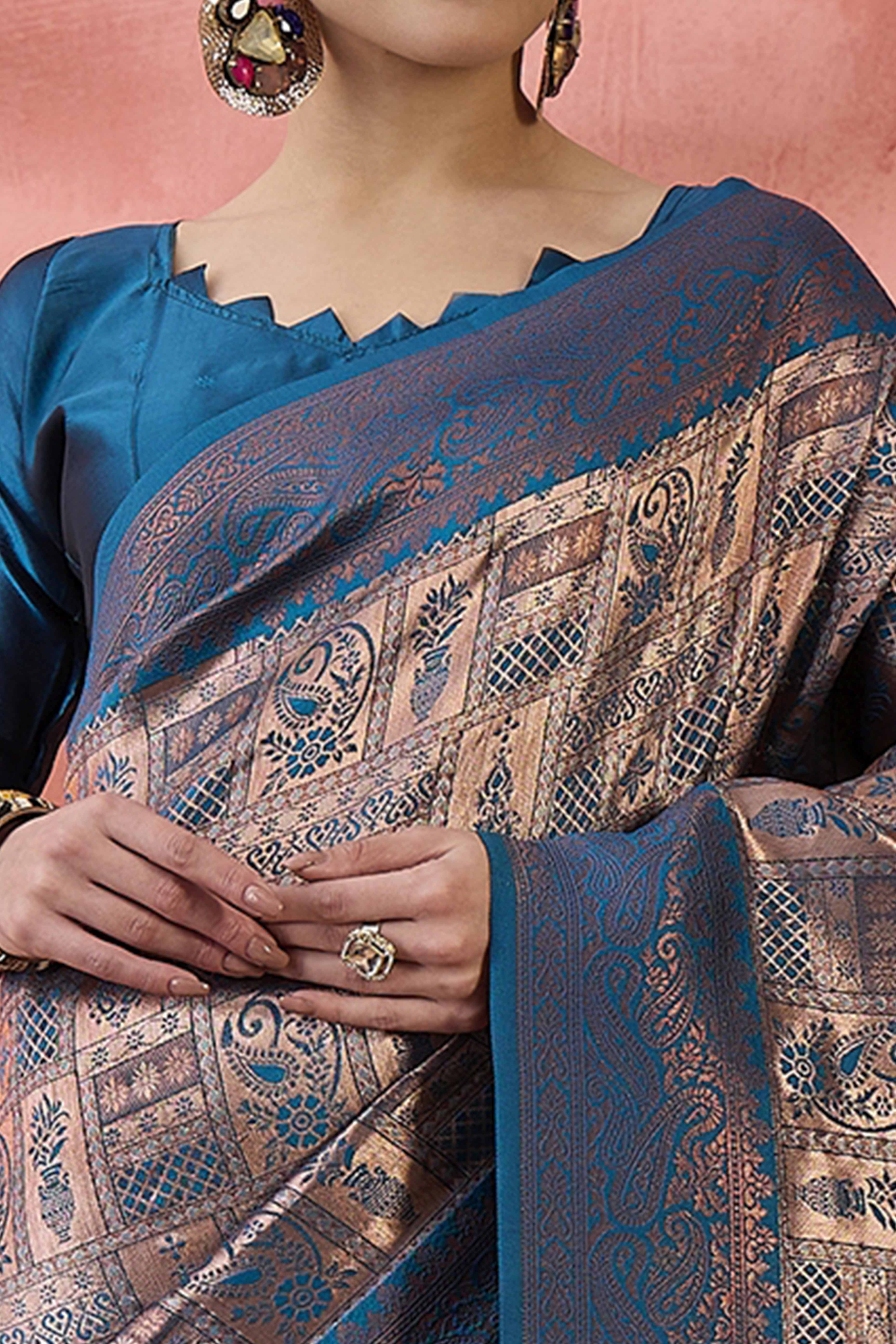 Blue Woven Poly Silk Blend Saree Featuring Floral & Paisley Motifs With Tassel Accents