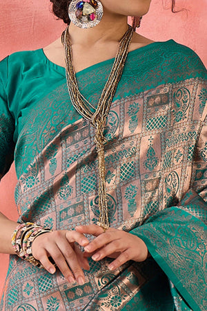 Rama Green Woven Poly Silk Blend Saree Featuring Floral & Paisley Motifs With Tassel Accents