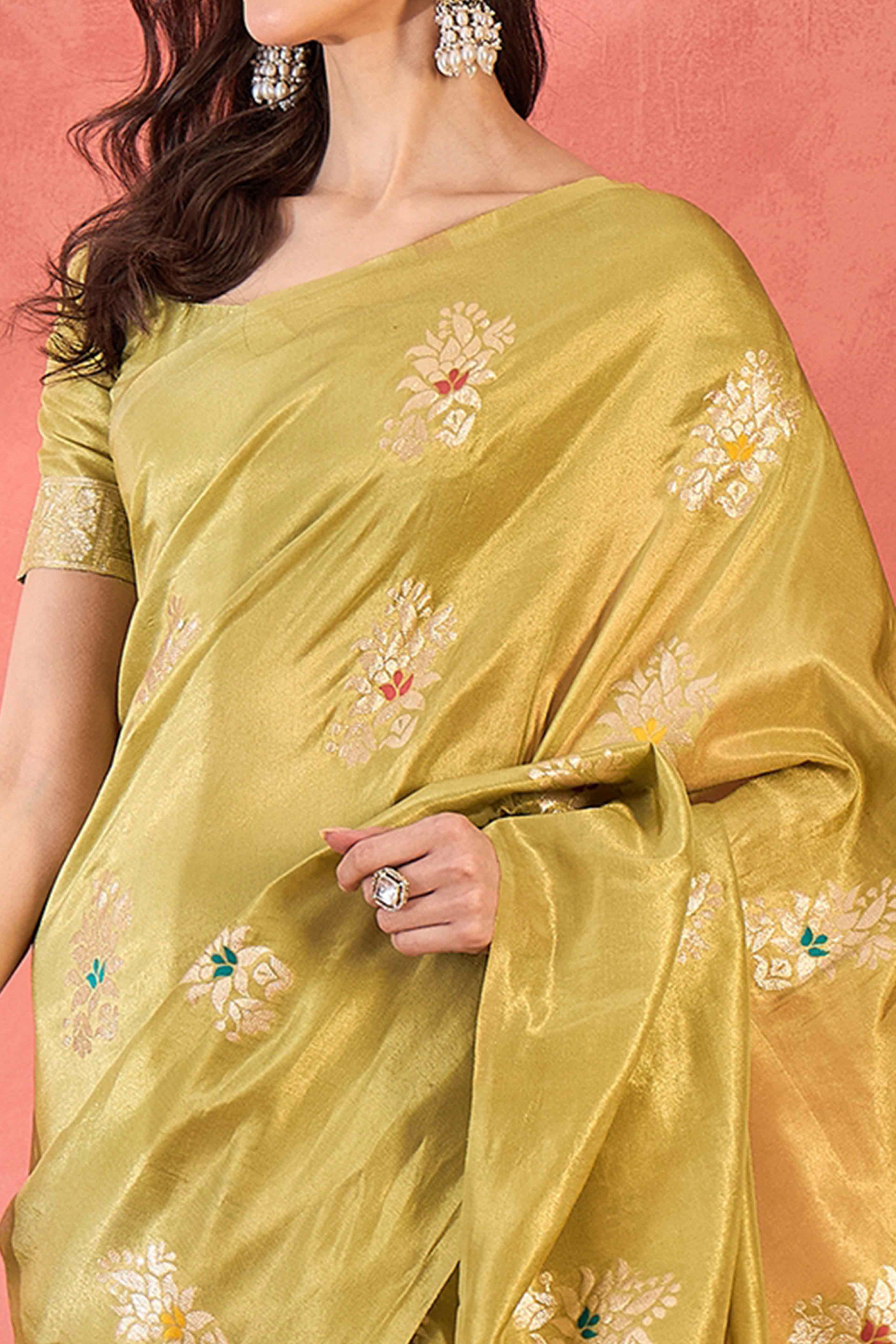 Lime Yellow Shimmer Saree Showcasing Floral Zari Weaving & A Tasselled Pallu