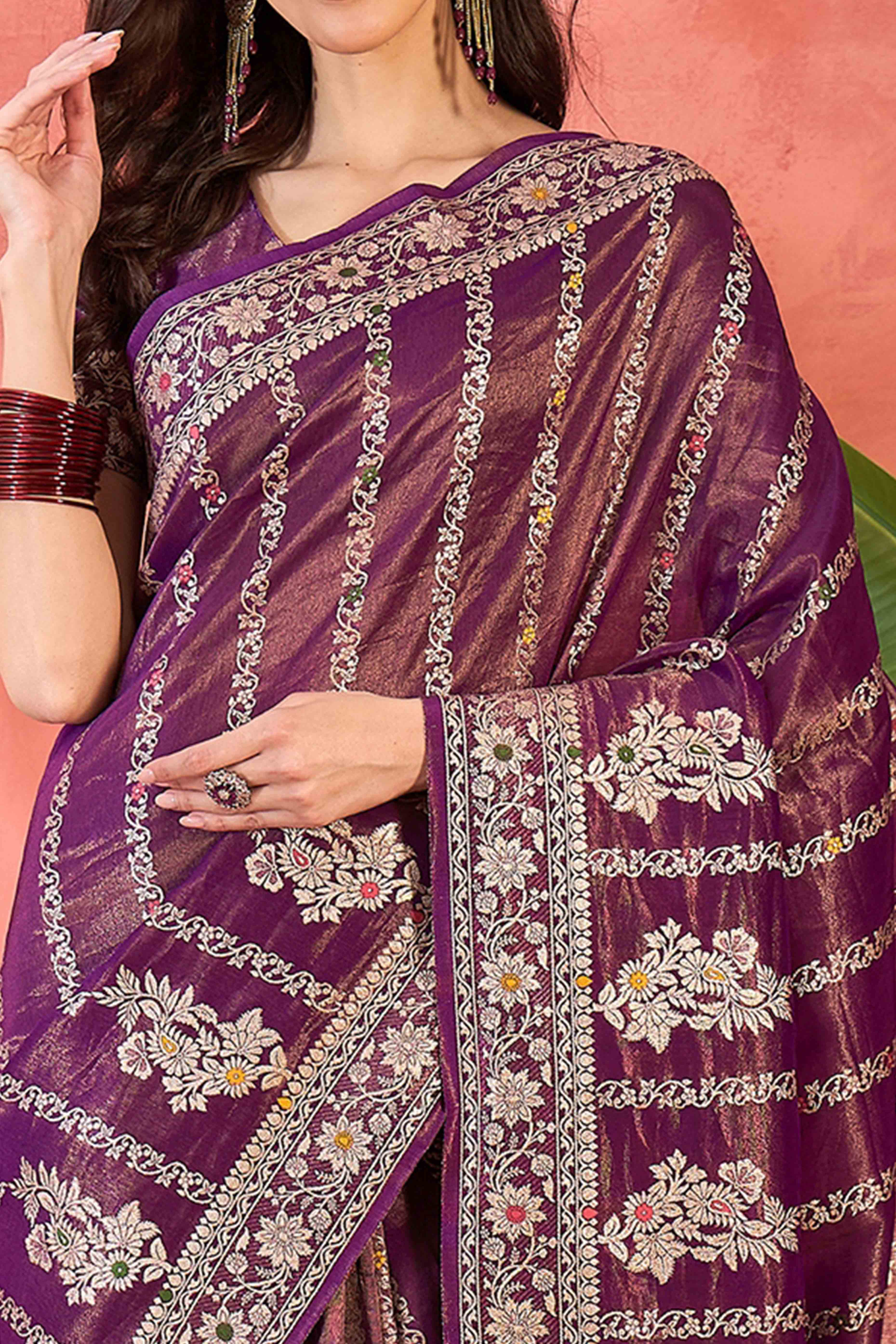 Floral Zari Woven Purple Saree In Shimmer Finish With Elegant Tassel Pallu