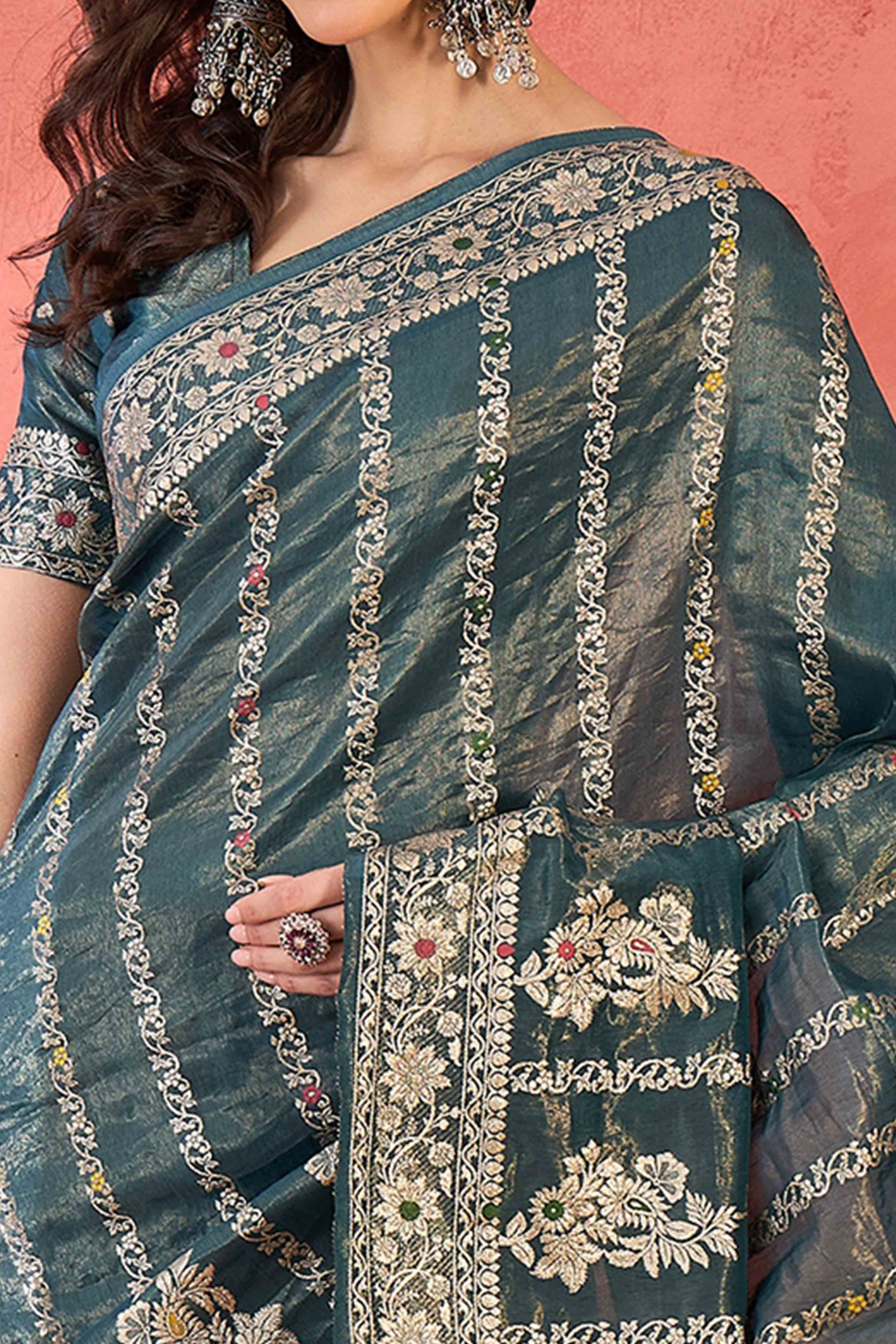 Floral Zari Woven Teal Saree In Shimmer Finish With Elegant Tassel Pallu