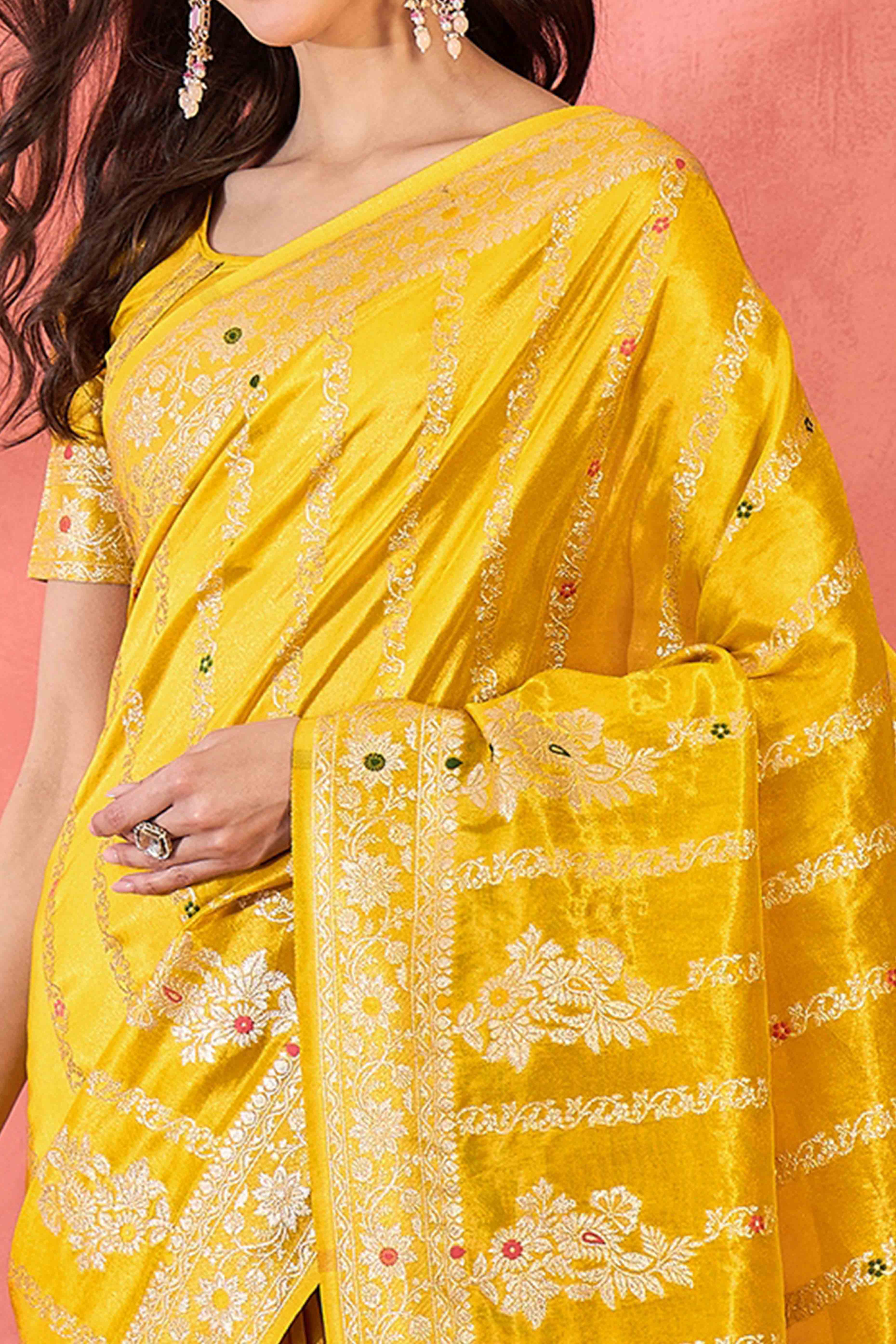 Floral Zari Woven Yellow Saree In Shimmer Finish With Elegant Tassel Pallu