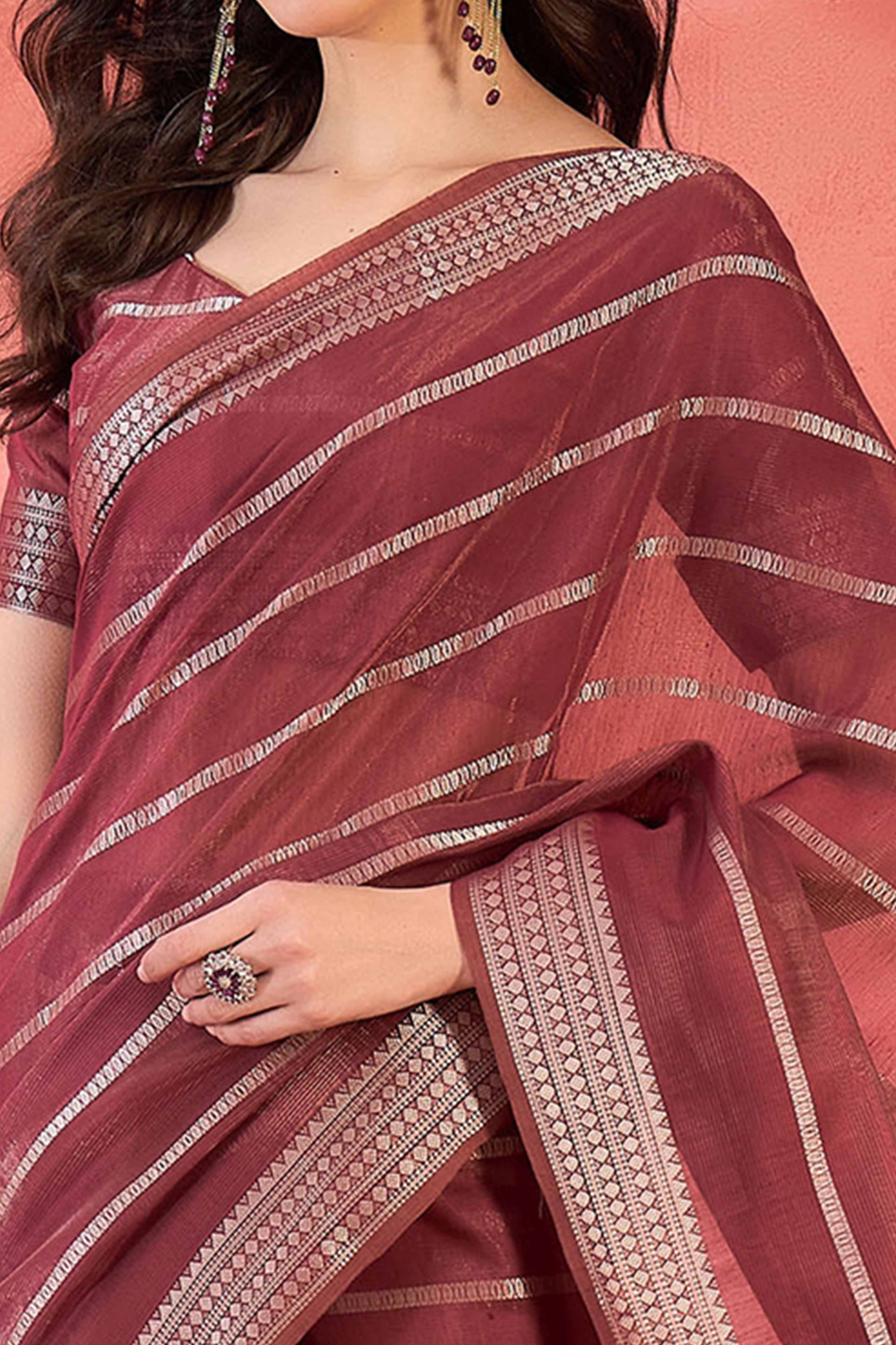 Maroon Zari Striped Khadi Organza Saree With Graceful Tassel Accents