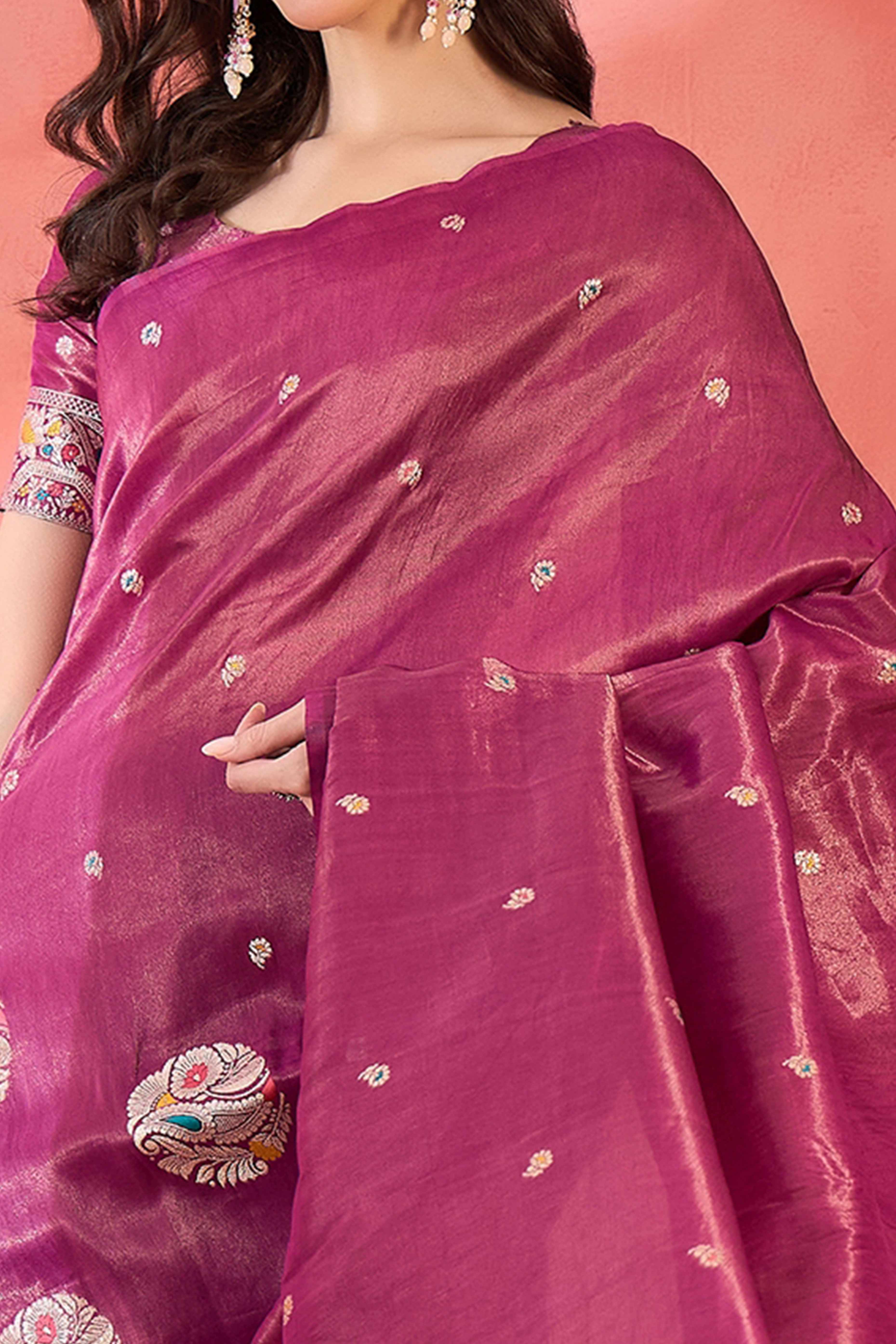 Floral Zari Woven Wine Saree In Shimmer Finish With Elegant Tassel Pallu