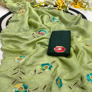 Green Crush-Style Silk Blend Saree Enhanced with Beautiful Patch Work Embroidery
