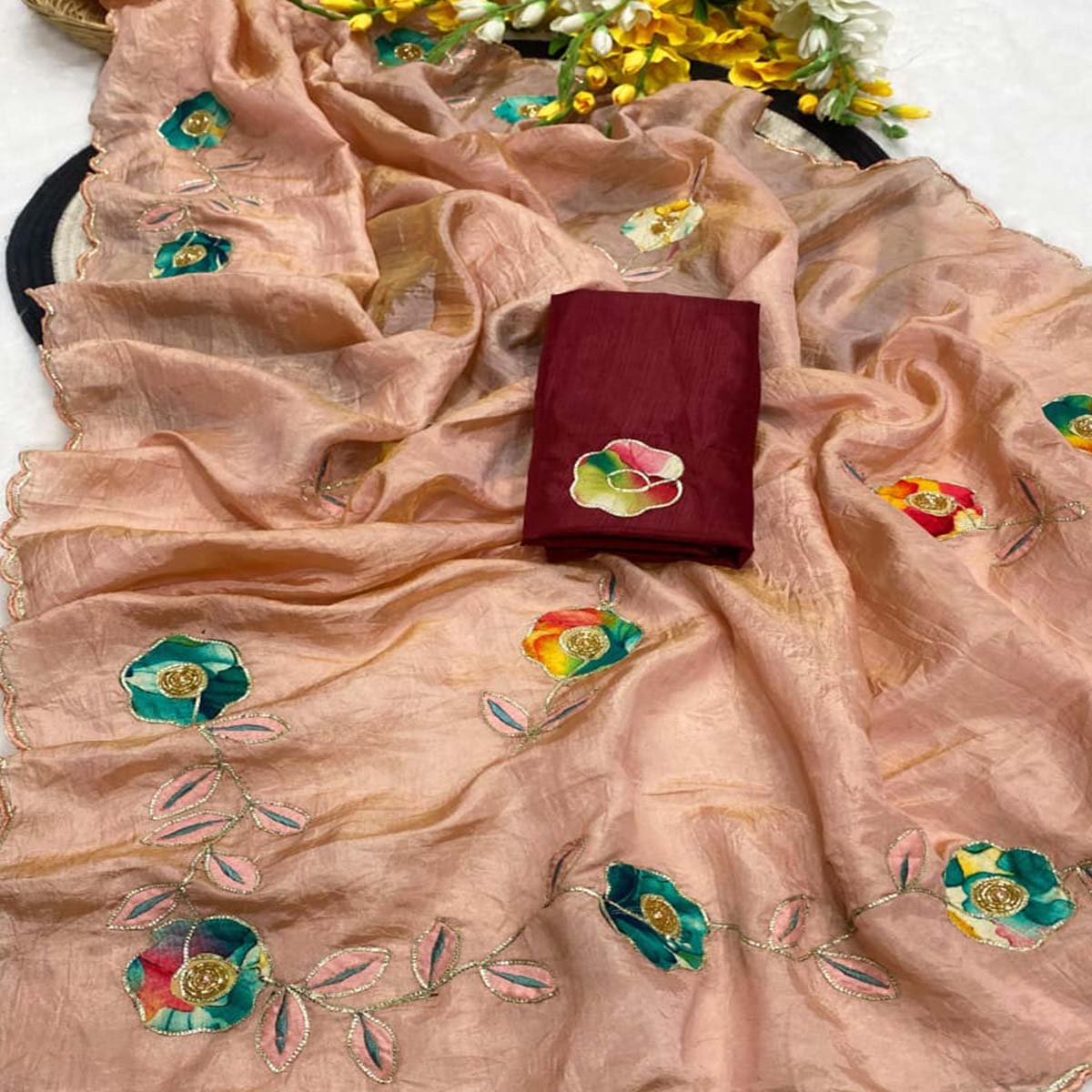 Peach Crush-Style Silk Blend Saree Enhanced with Beautiful Patch Work Embroidery