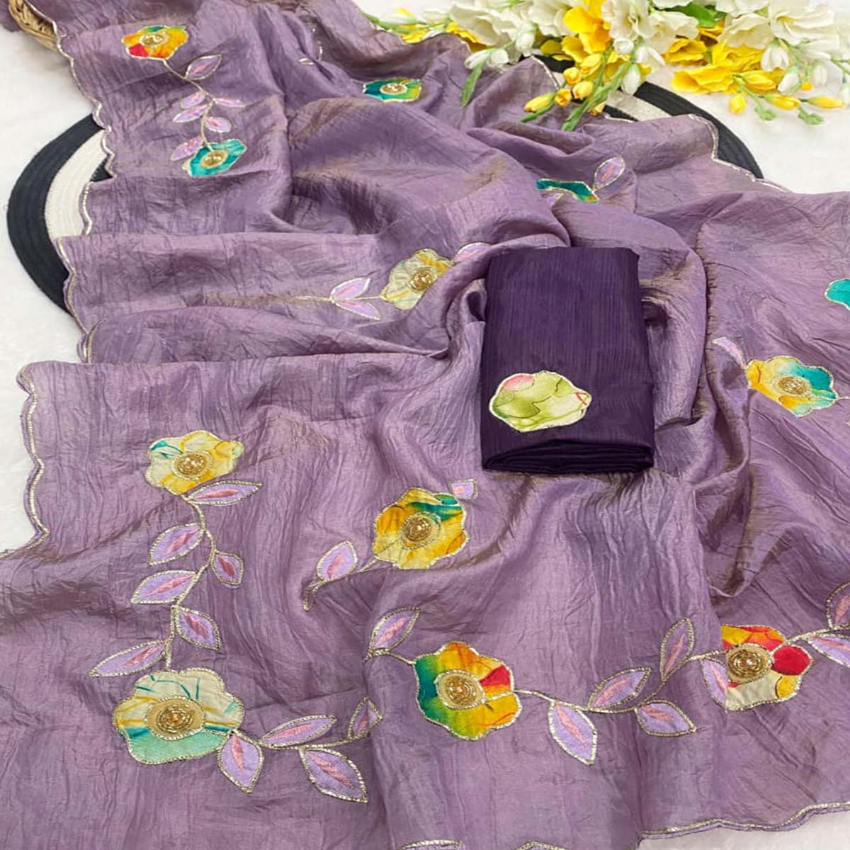 Purple Crush-Style Silk Blend Saree Enhanced with Beautiful Patch Work Embroidery