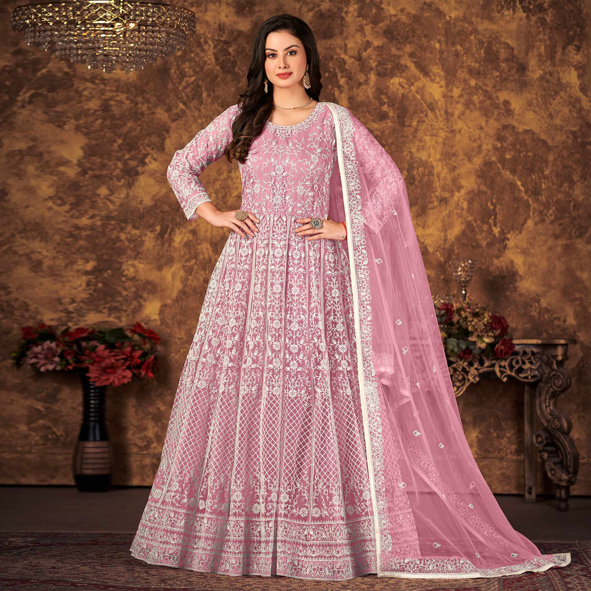 Pink Floral Embroidered Net Semi Stitched Dress Material
