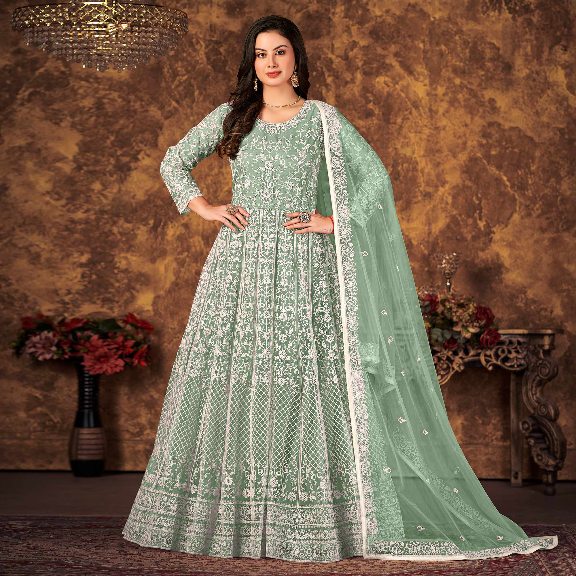 Green Floral Embroidered Net Semi Stitched Dress Material