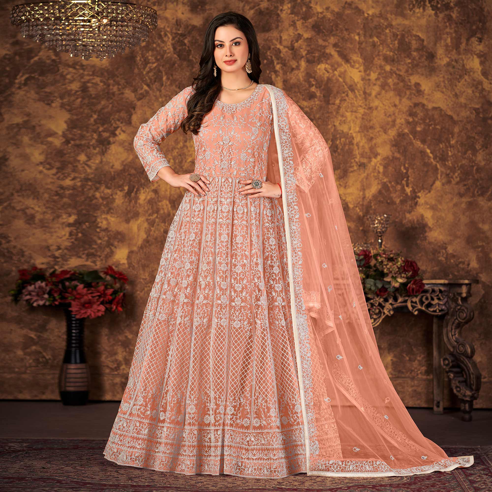 Peach Floral Embroidered Net Semi Stitched Dress Material