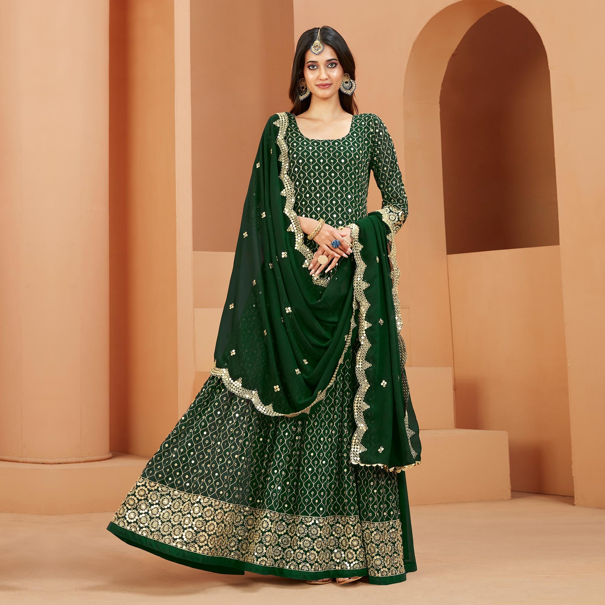 Green Sequins Embroidered Georgette Semi Stitched Anarkali Suit