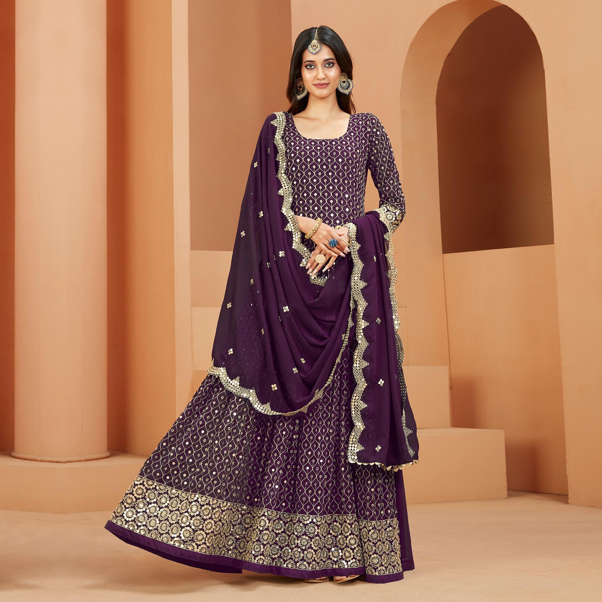 Purple Sequins Embroidered Georgette Semi Stitched Anarkali Suit